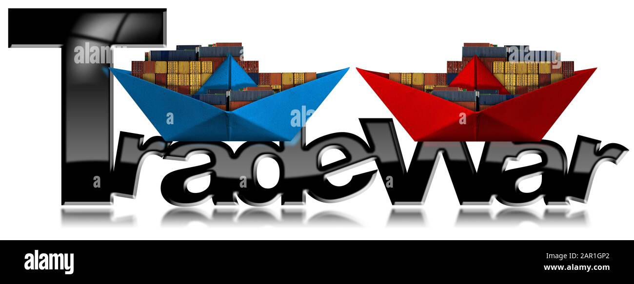 3D illustrazione di un testo nero, guerra commerciale, con sopra due navi contenitore di carico, una rossa e una blu, Fotografia. Isolato su sfondo bianco Foto Stock