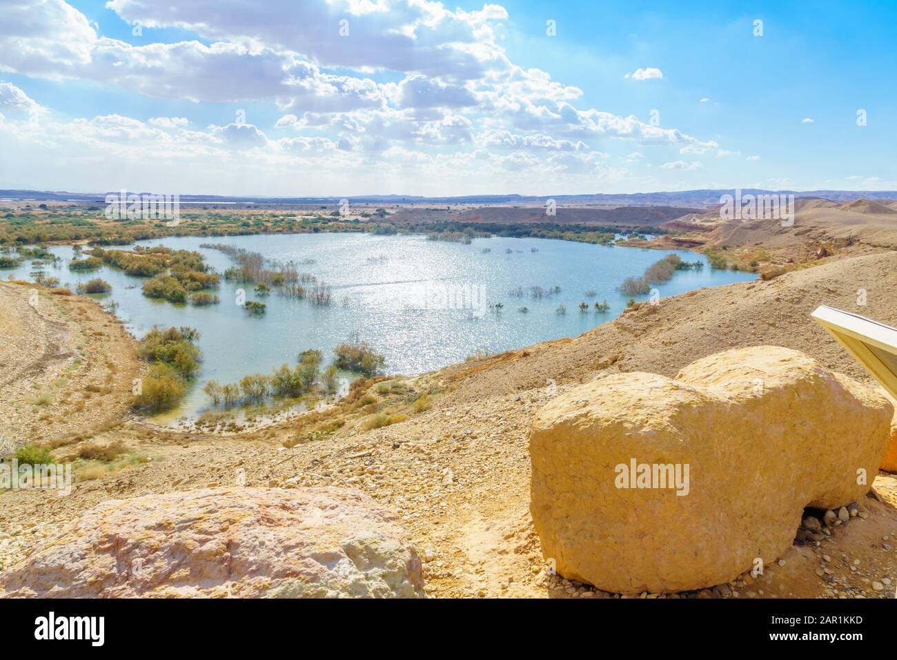 Bacino idrico e paesaggio desertico vicino a Ein Yahav, il deserto di Arava, Israele meridionale Foto Stock