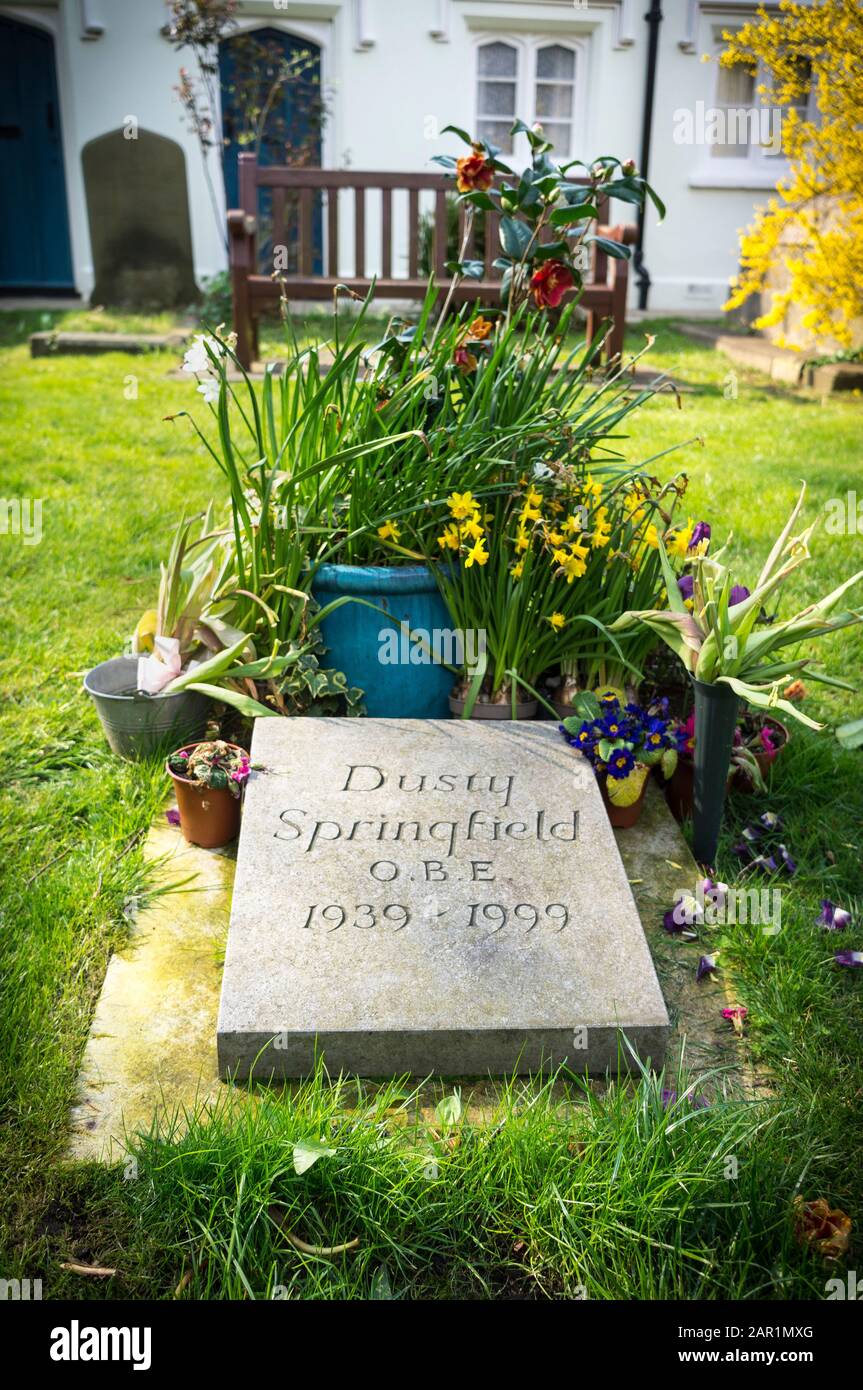 Lapide commemorativa per la cantante Polverosa Springfield, decorata con fiori lasciati dai fan, il cimitero di St Mary, Henley-on-Thames, Oxfordshire, Inghilterra Foto Stock