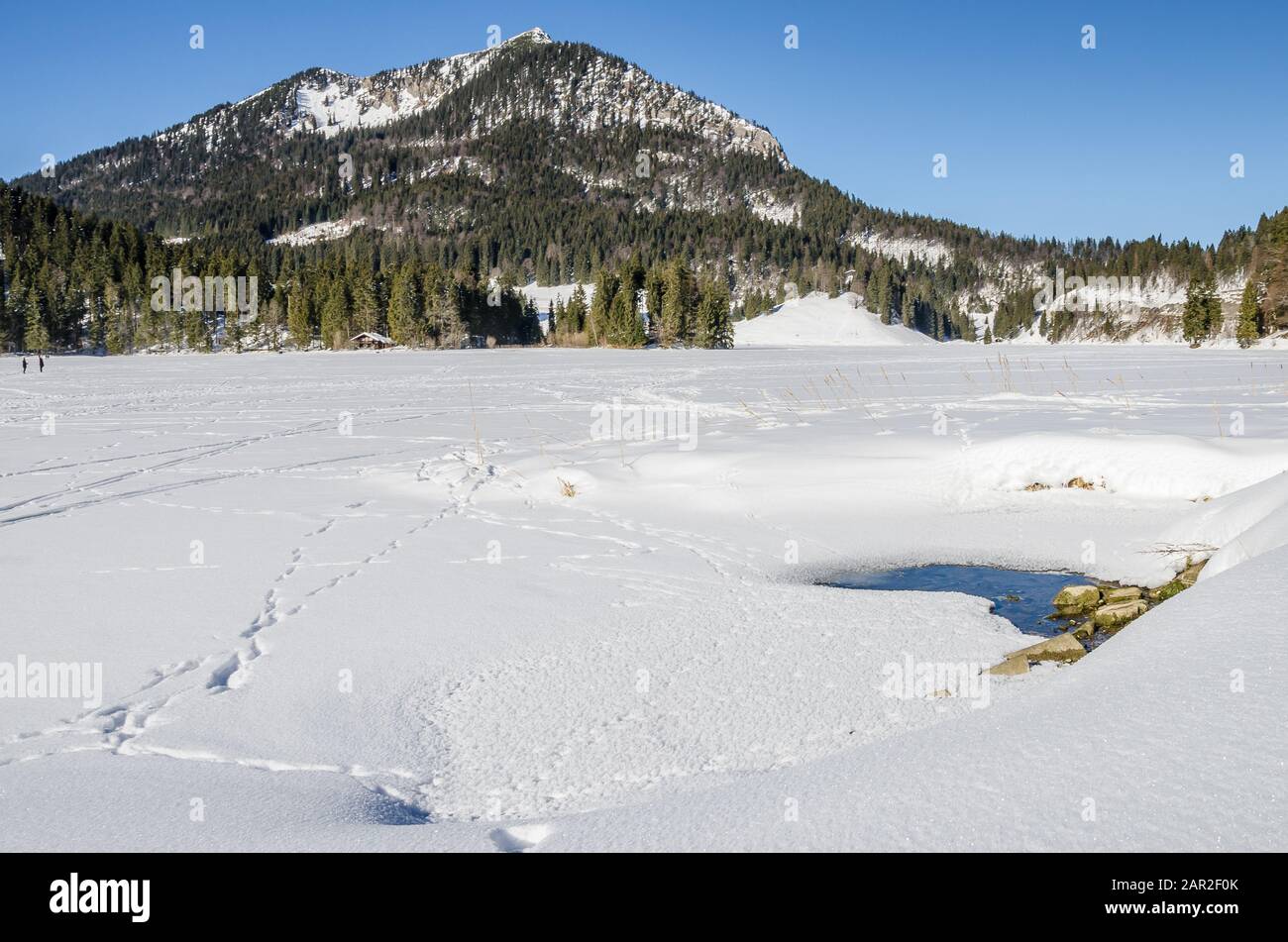 In inverno normale Lago Spitzing - Spitzingsee è congelato sopra e coperto di neve. Foto Stock