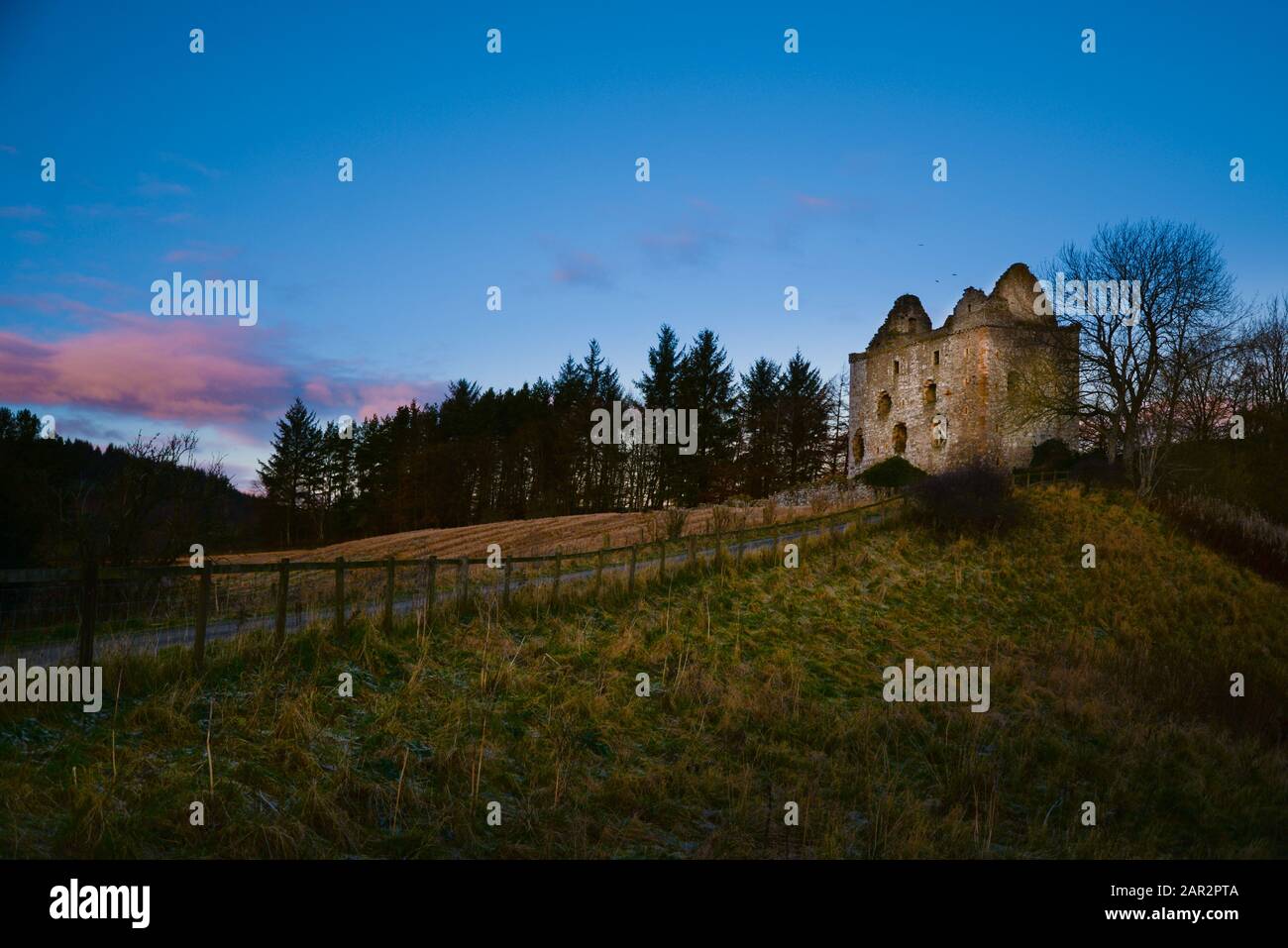 Newark Tower un grande, rovinato e in piedi nel terreno di Bowhill House, nella valle Yarrow Acqua 3 miglia a ovest di Selkirk Nei Confini scozzesi Foto Stock