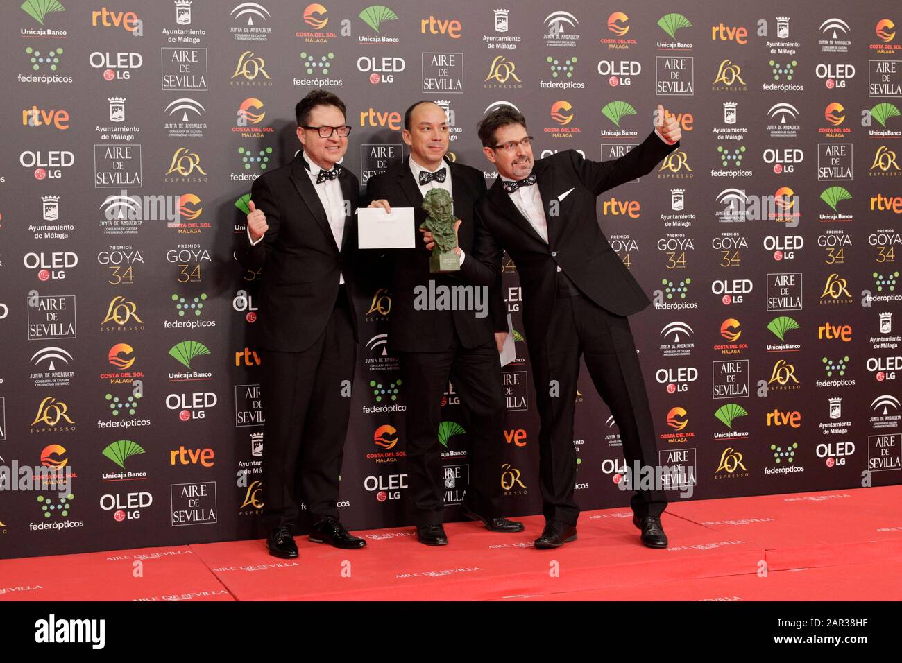 Malaga, Spagna. 26th Gen 2020. José Luís Quirós y Paco Sáez nella sala stampa durante i Goya Film Awards annuali di 34th a Malaga sabato 25 gennaio 2020. En la foto: Goya a Mejor Cortometraje de Animacion por 'Madirt 2120' Credit: Cordon PRESS/Alamy Live News Foto Stock