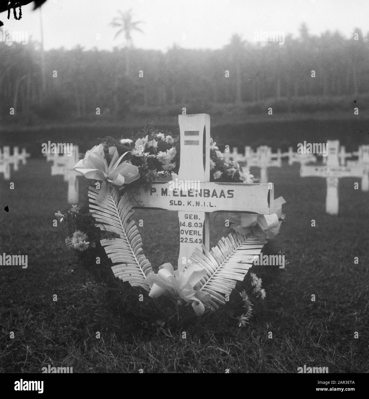 Cimitero Onorario Ambon. Croce sulla tomba DI P.M. Elenbaas, Sld KNIL. Nato Il 14-6-1903 Morì Il 22-5-1943 Annotazione: Ir. Pieter Marie Elenbaas. Nato Il 14 Luglio 1903 A Surabaya Morì Il 22 Maggio 1943 A Kario/Haroekoe Data: 1947/01/01 Luogo: Ambon, Indonesia, Indie Orientali Olandesi Foto Stock