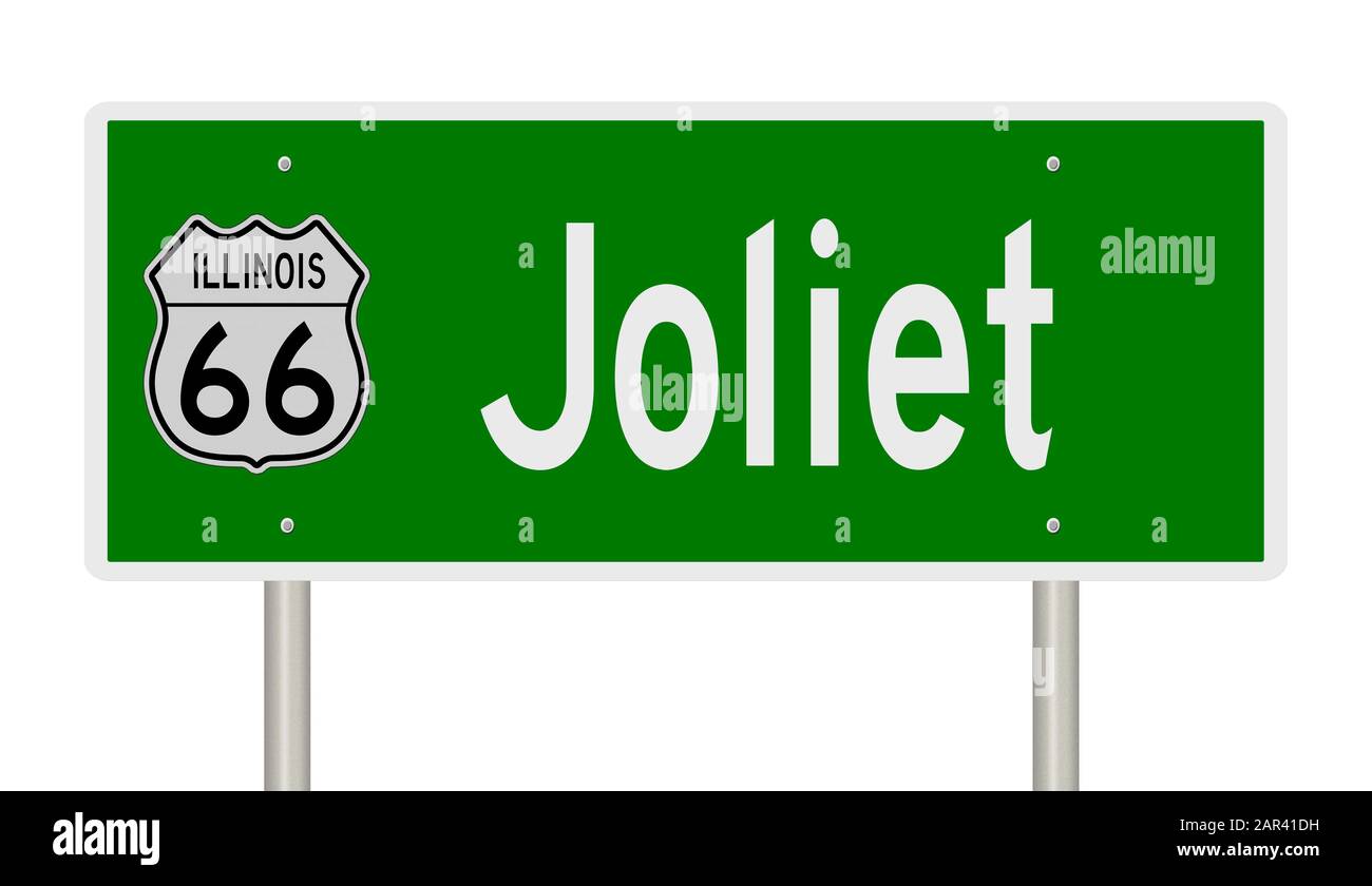 Rendering di un verde 3d autostrada segno per Joliet Illinois sulla Route 66 Foto Stock