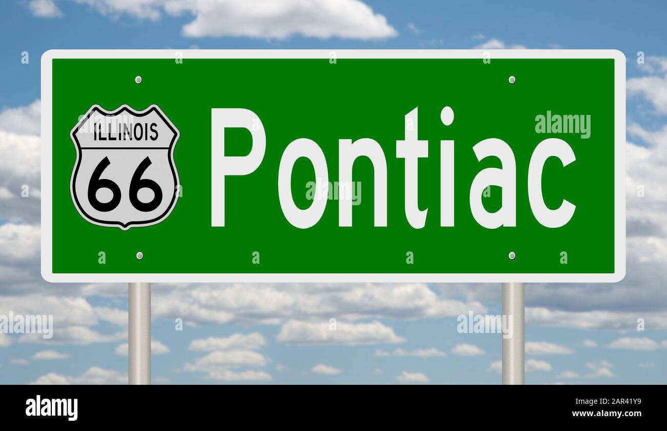 Il rendering di un cartello verde dell'autostrada 3d per Pontiac Illinois sulla Route 66 Foto Stock