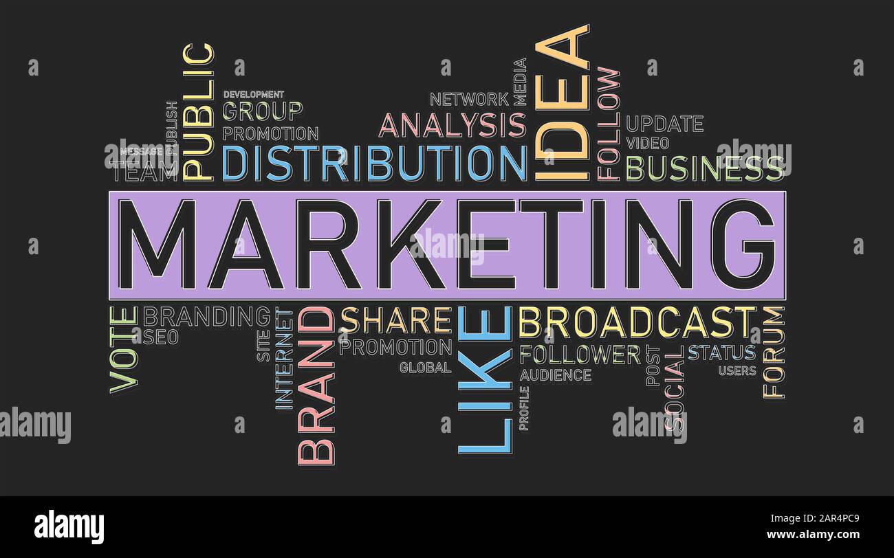 Marketing Wordcloud Collage Di Parole Colorate Su Sfondo Nero, Panorama Foto Stock