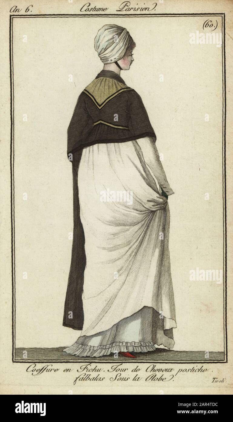 Donna alla moda vista a Tivoli Gardens, 1798. Indossa un cherChief  headdress legato sotto il mento con un'acconciatura artificiale. Seebrough  scialle nere e vestito con volant in basso. Il Jardin de Tivoli