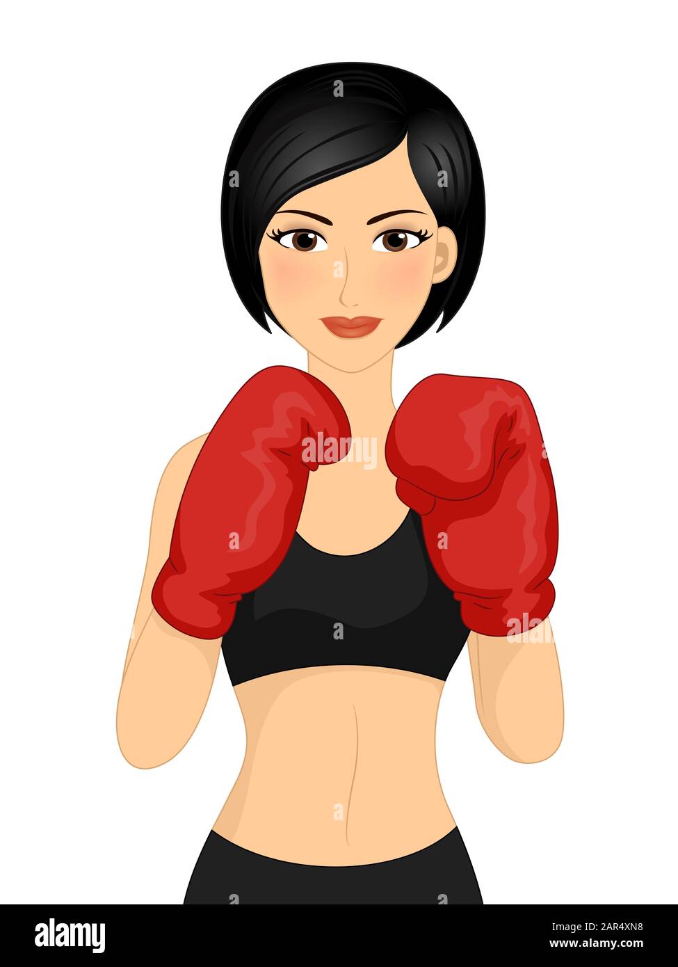Illustrazione di una ragazza Boxer con un Corto capelli neri Che Indossa Boxing Outfit e guanti in posa difesa Foto Stock