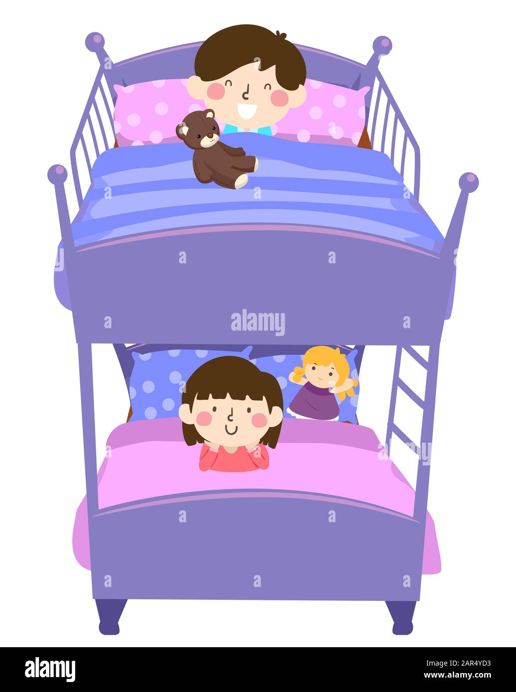 Illustrazione dei capretti in un letto doppio della piattaforma con capretto sul ponte superiore con un orsacchiotto e una ragazza del capretto Sotto con una bambola Foto Stock
