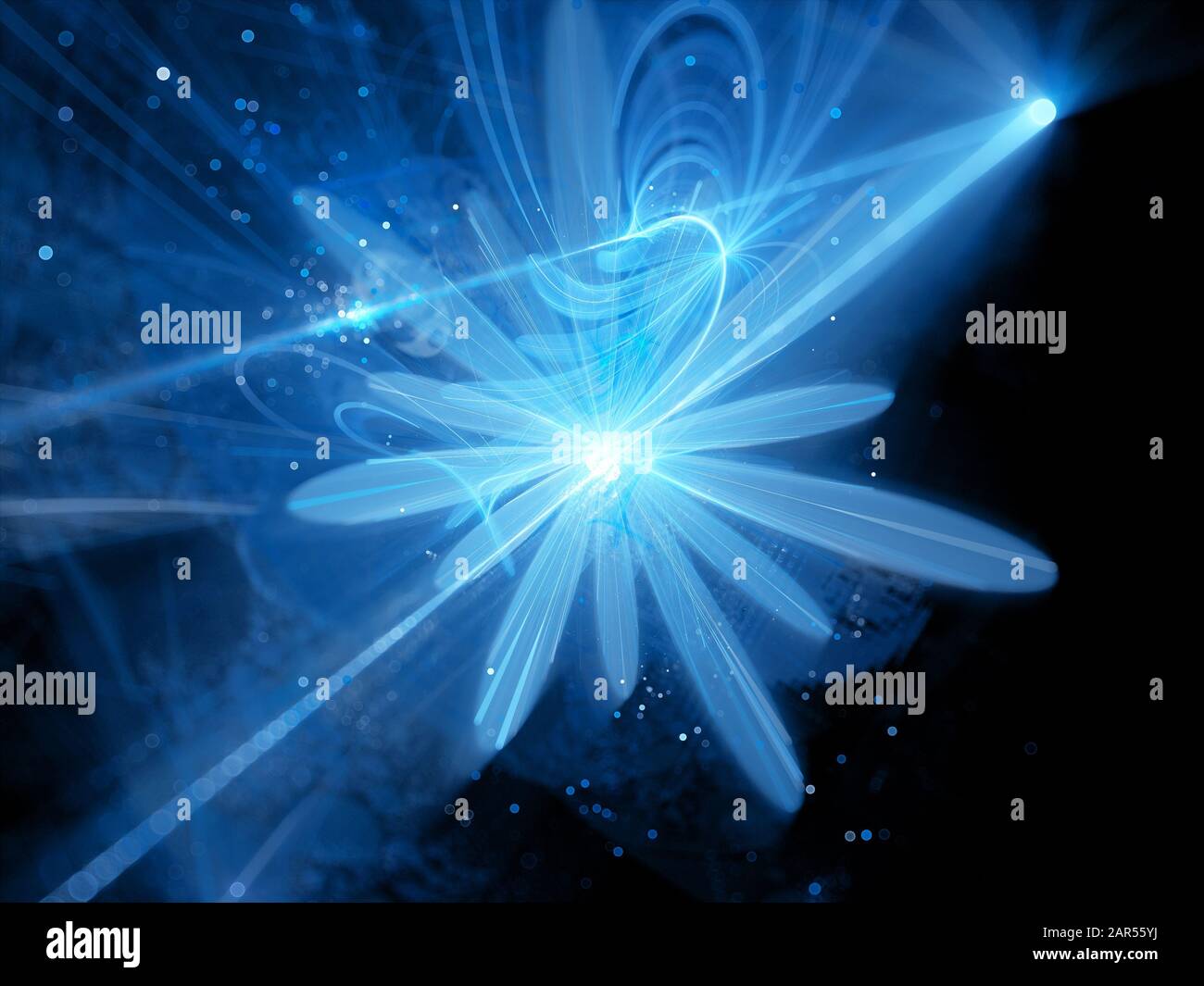 Fissione di particelle a forma di fiore incandescente blu in Large Hadron Collider, computer generated abstract background, 3D rendering Foto Stock