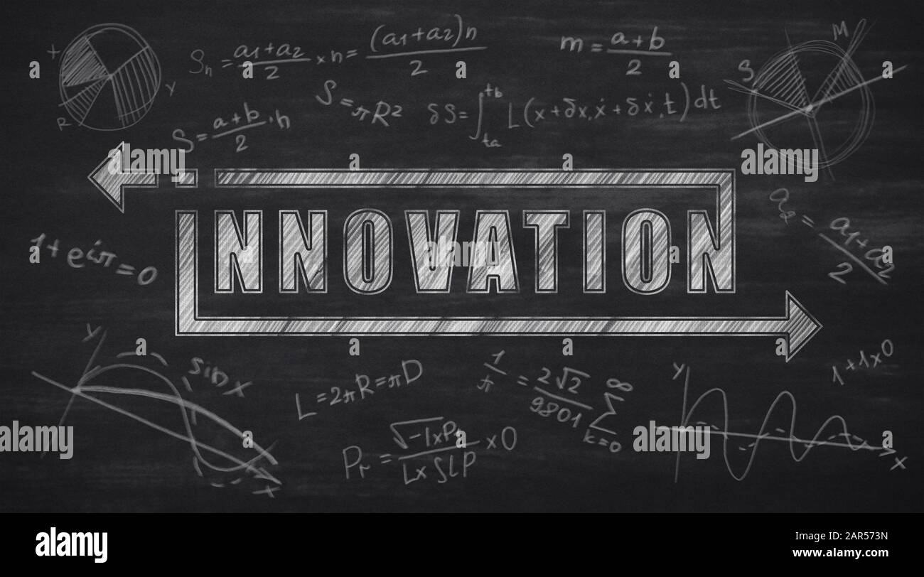 Innovazione Collage Concettuale Con Formule Su Sfondo Nero, Panorama Foto Stock
