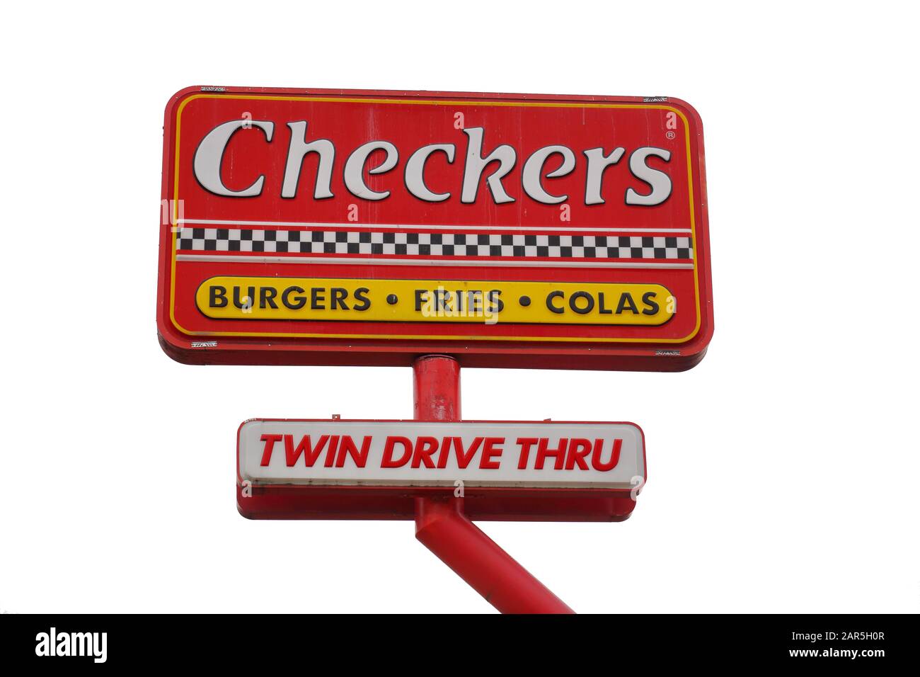 Segnaletica per un ristorante Checkers Drive-in isolato su uno sfondo bianco Foto Stock