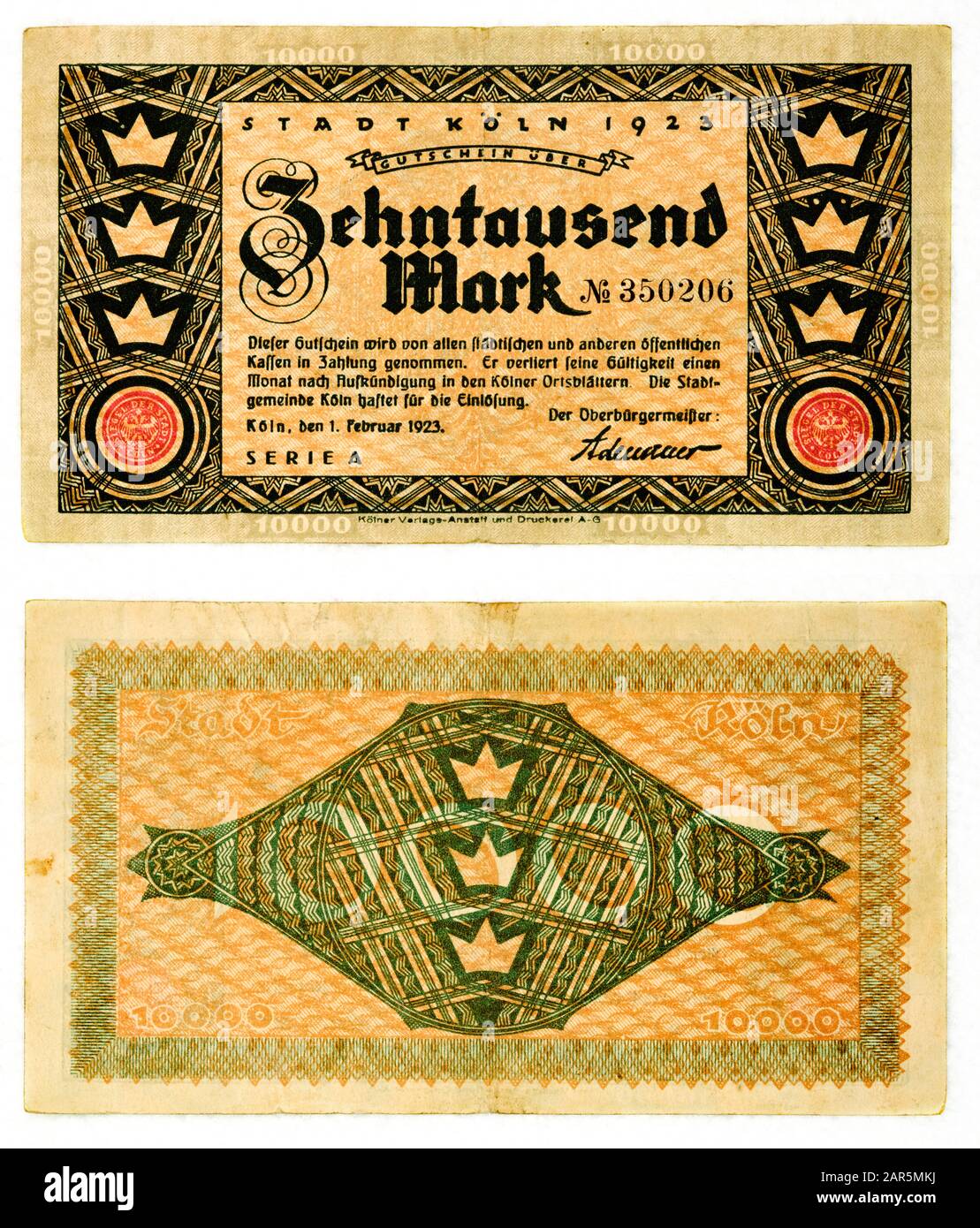 Vecchio disegno di legge tedesco 10000 Mark dal 1923 durante la crisi economica dopo la prima guerra mondiale Foto Stock