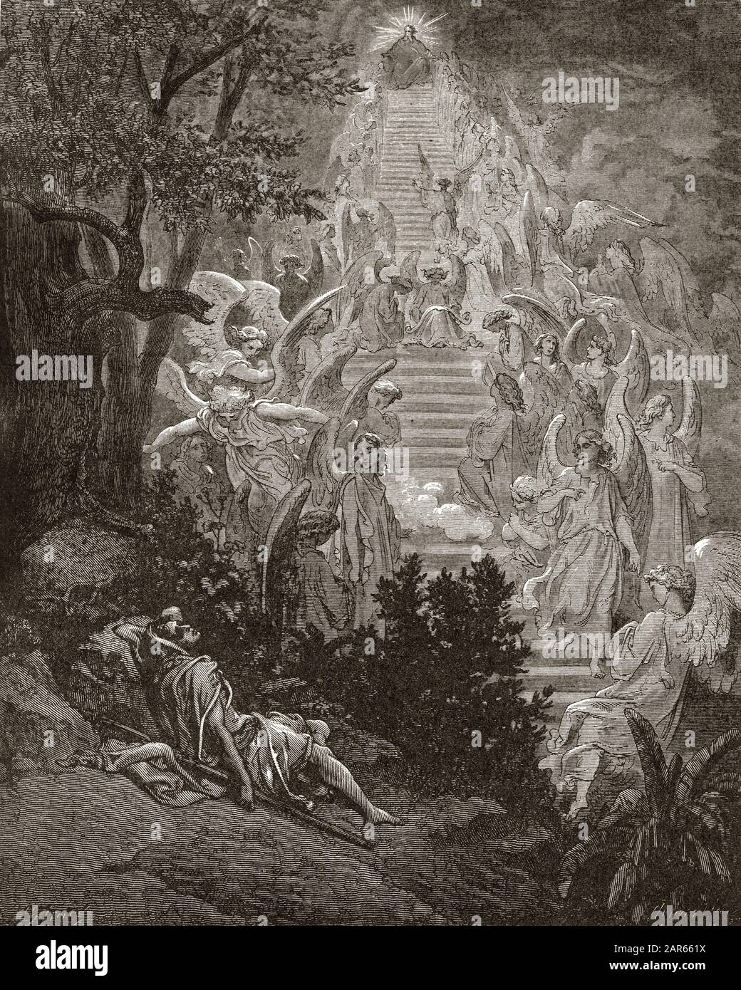 Il sogno di Giacobbe - le reve de Jacob (l'echelle de Jacob) - incisione in 'la Bibbia illustre' di Gustave Dore (1832-1883) - incisione da 'il bibl di Dore Foto Stock