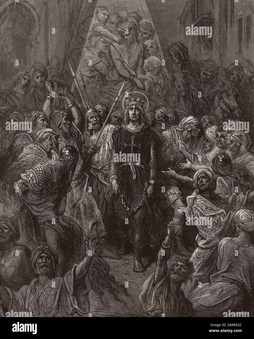 Saint Louis fait imprigionier a Mansoura, pendente la 7eme croisade en 1250 - Re Luigi IX (1214-70) prigioniero in Egitto - incisione di Gustave Dore - fr Foto Stock