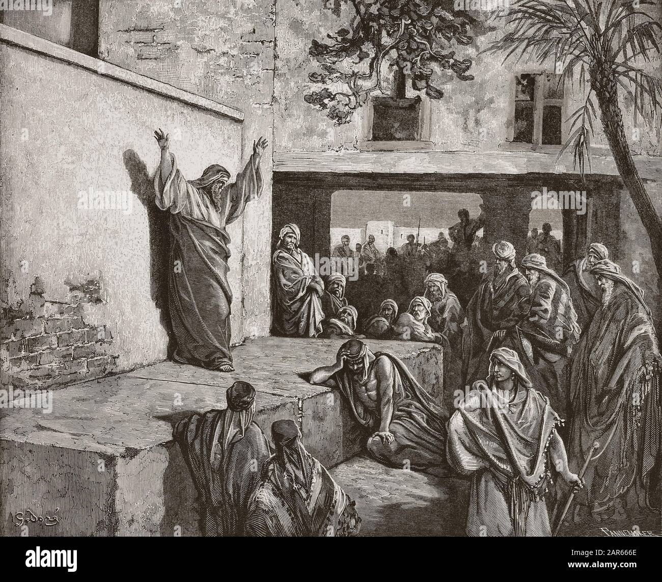 Michea il profeta Moreshite che predica agli Israeliti, incisione di Gustave Dore - 'le profete Michee exhortant le peuple d'Israele a la penitenza' Foto Stock