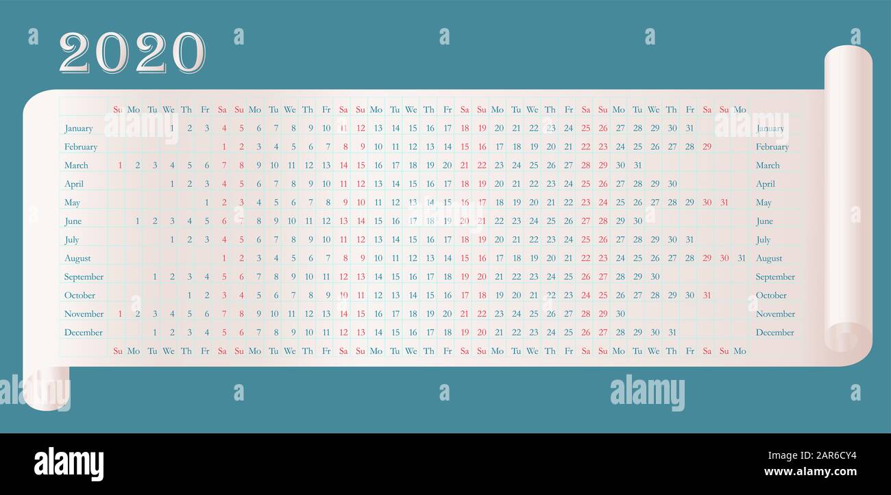 Semplice calendario delle pareti 2020 sulla pergamena. Set di 12 Mesi. Domenica e sabato è evidenziato in rosso. Sfondo blu. Orizzontale Foto Stock
