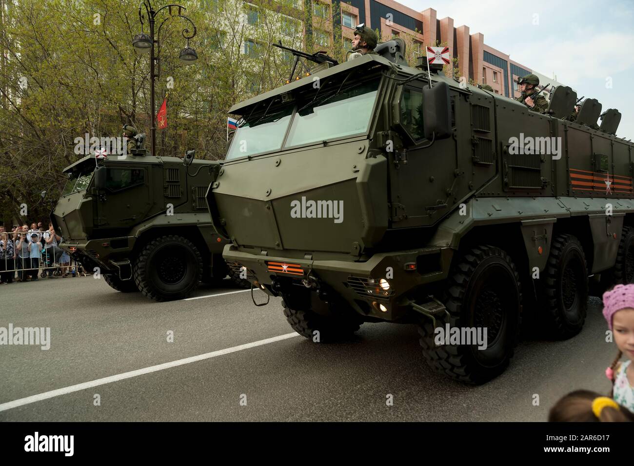 Camion dell'esercito in parata militare. Tyumen. Russia Foto Stock