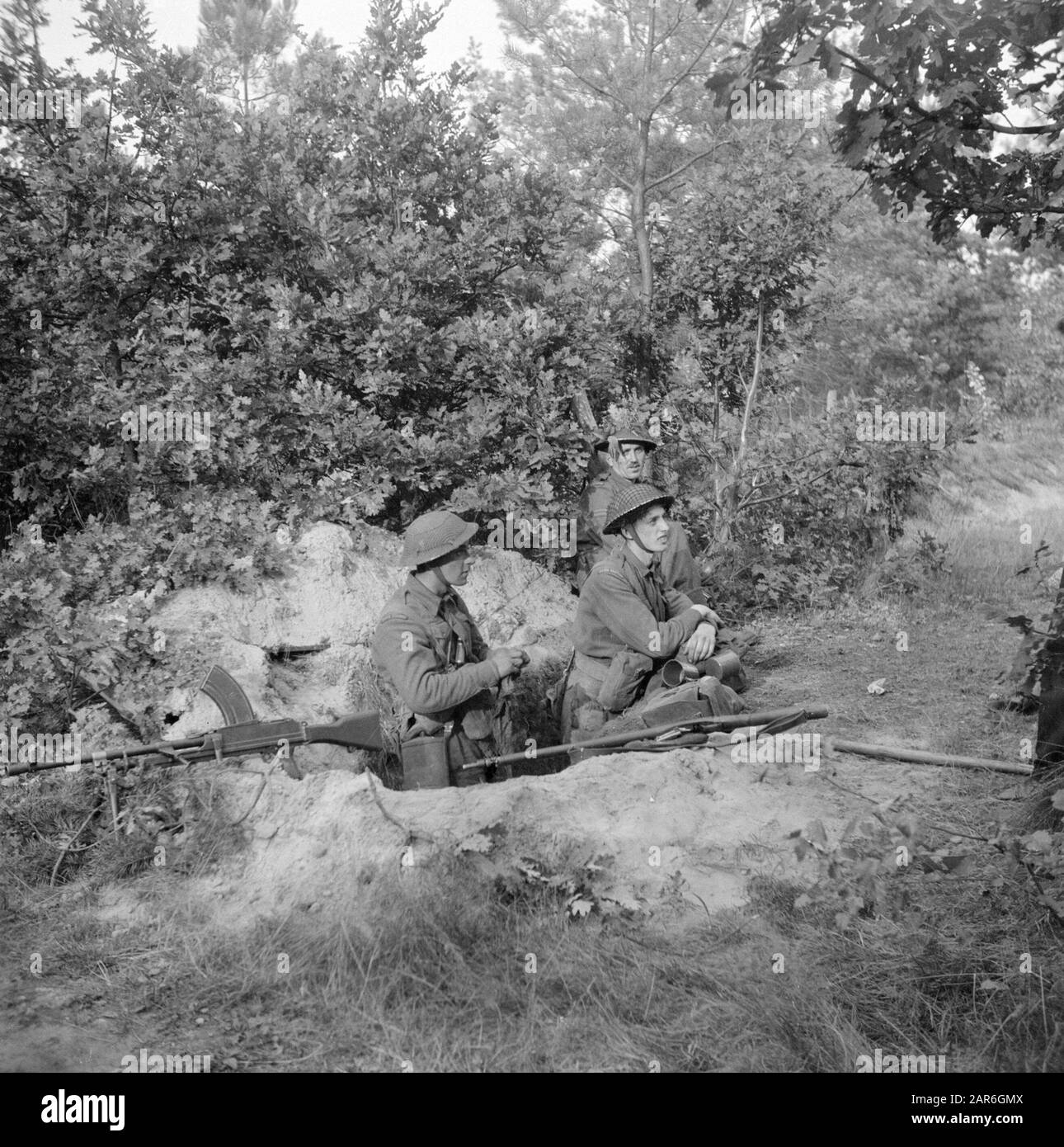 Liberazione del Noord-Brabant lungo il corridoio Bergeijk - Valkenswaard - Aalst - Eindhoven soldati delle Guardie irlandesi scavati nella foresta bordo di Aalst Data: 18 settembre 1944 posizione: Aalst, Noord-Brabant Parole Chiave: Liberazione, foreste, trincee, soldati Foto Stock
