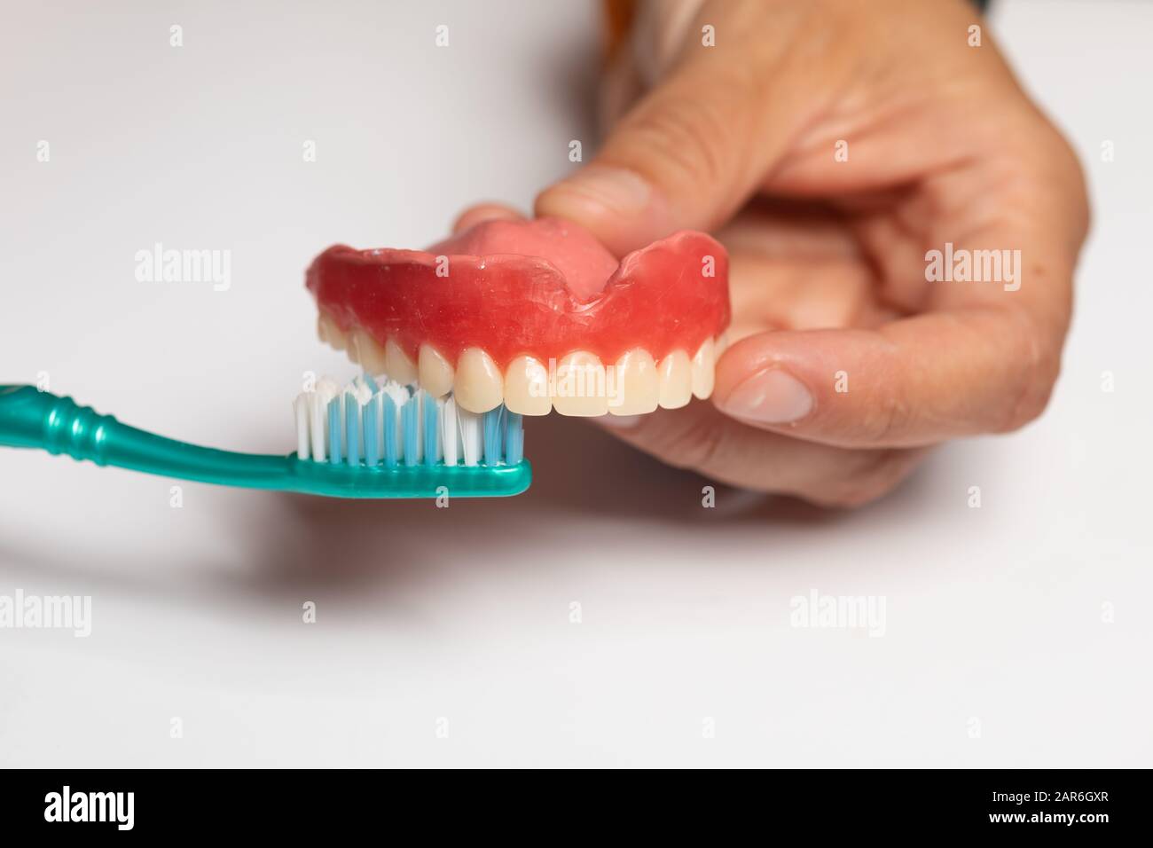 Dimostrazione di igiene Oran: Il medico dentista mostra come pulire protesi dentaria dentaria con spazzolino da denti, modello acrilico Foto Stock