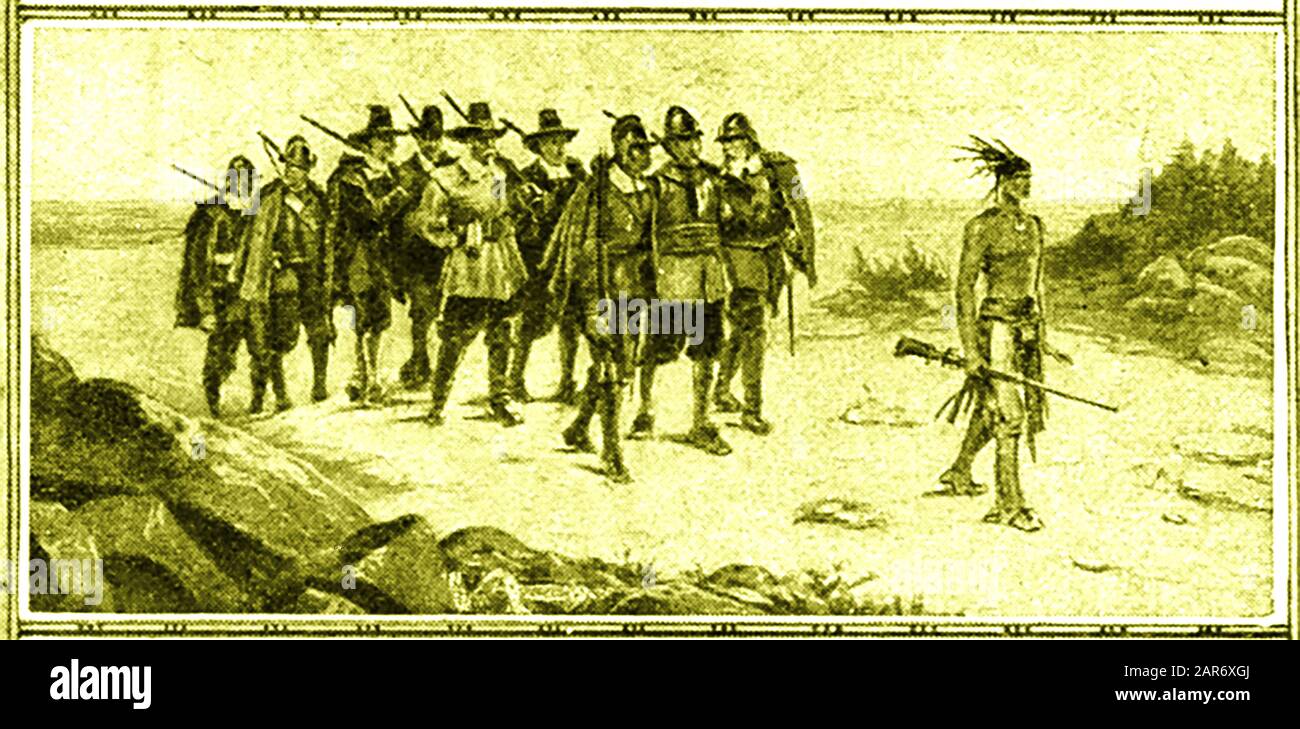 1909 illustrazione degli Stati Uniti che mostra i primi coloni inglesi in America con una guida/interprete indiana nativa che intraprende una passeggiata esplorativa intorno alla zona del loro insediamento. Foto Stock