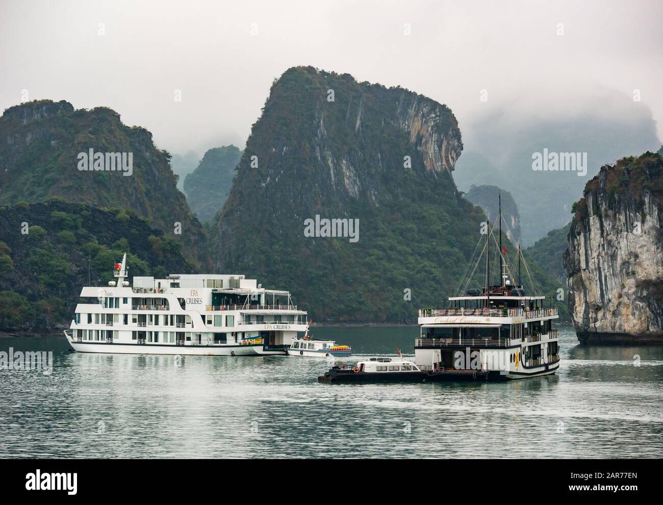 Navi da crociera turistiche ancorate a maltempo con formazioni rocciose carsiche calcaree, Halong Bay, Vietnam, Asia Foto Stock