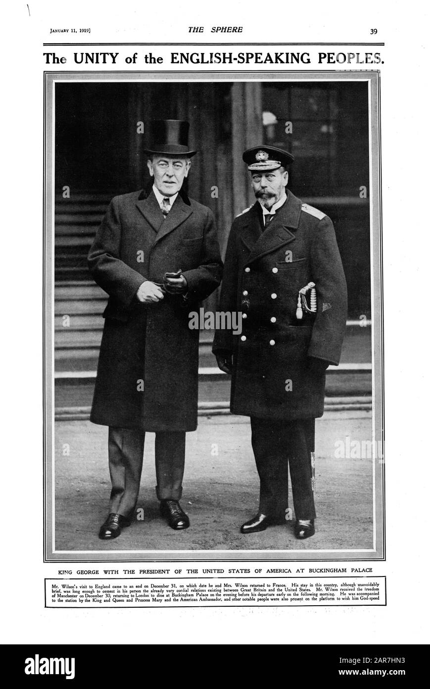 The Sphere front cover - 11 gennaio 1919 il presidente Wilson si unì a King George V. 4651 x 3111 pixel. 300 dpi. Foto Stock