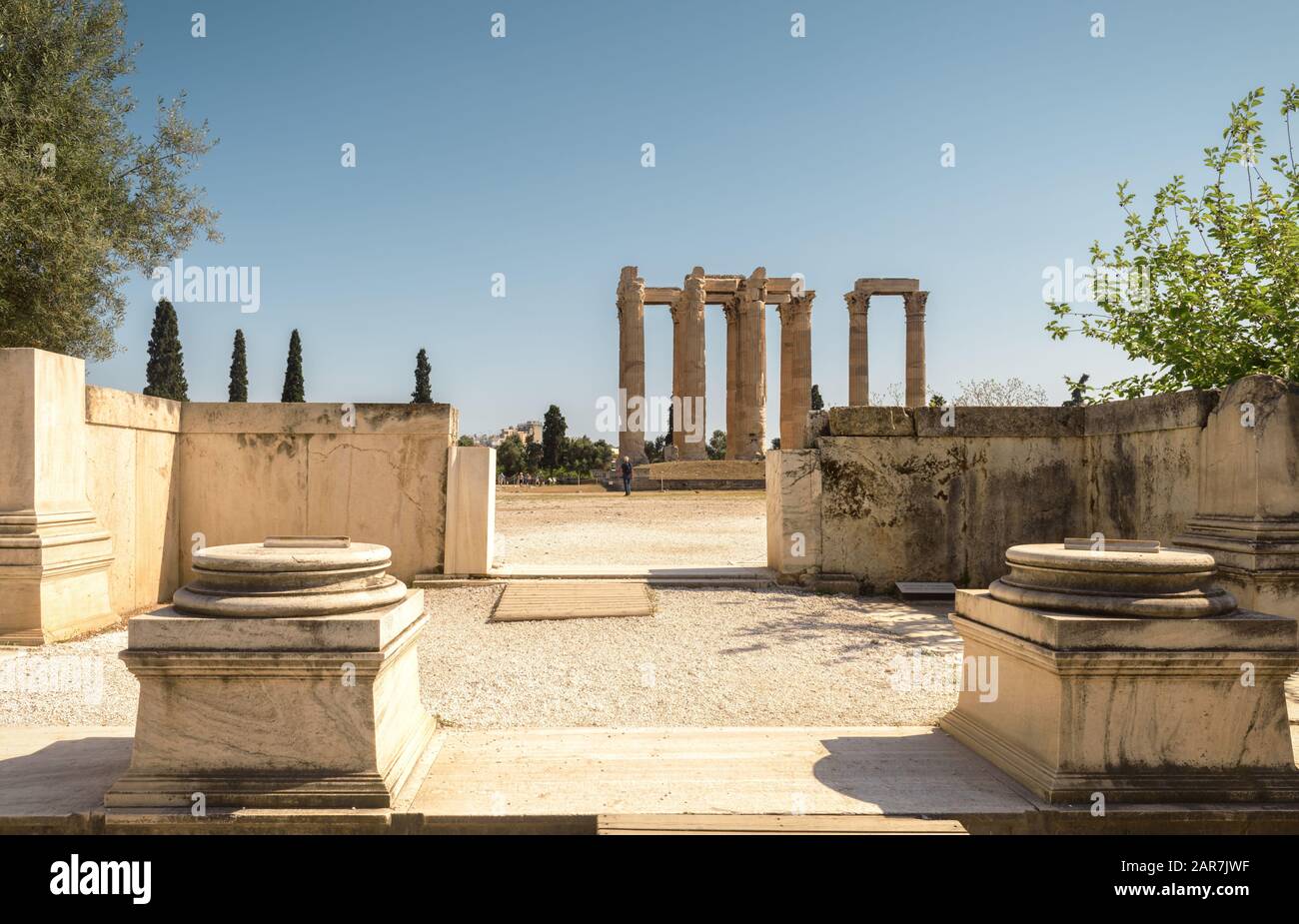 Tempio di Zeus Olimpio ad Atene, Grecia. L'antico Tempio di Zeus o Olympieion è uno dei principali monumenti di Atene. Vista panoramica del famoso Foto Stock