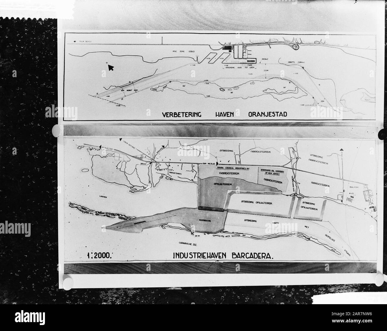 Mappa del porto industriale Barcadera Data: 17 aprile 1961 Località: Aruba, Antille Olandesi Parole Chiave: Disegni, documenti, porti, mappe Foto Stock