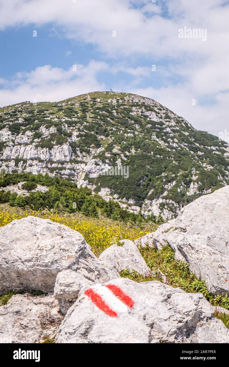 Pietra con segni rossi bianchi rossi per il sentiero escursionistico con la montagna Hochobir sullo sfondo in Carinzia, Austria Foto Stock