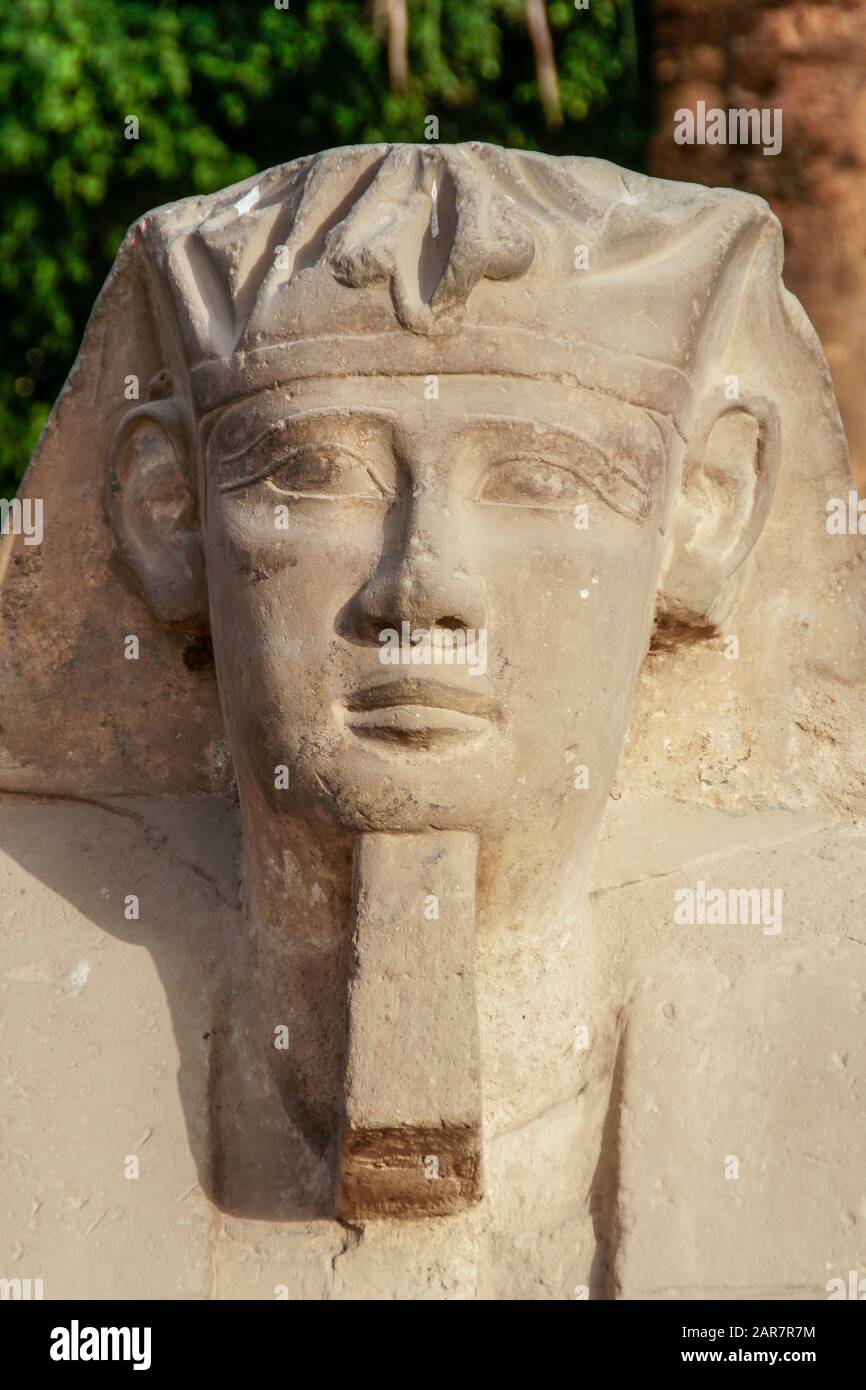 Egitto, Luxor, Tempio, معبد الاقصر; Tebe; Karnak. Una vista ravvicinata del volto di una delle sfinse umane. Foto Stock