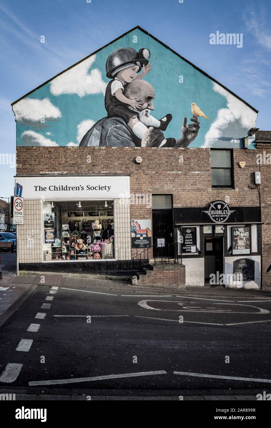 Immagine di minatore dipinto su un muro ad Ashington, Northumberland Foto Stock