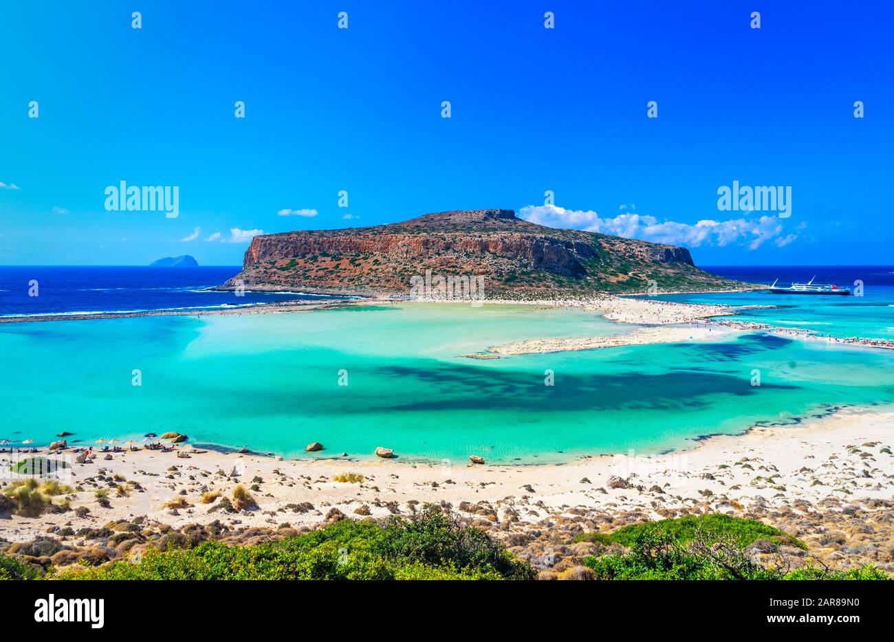 Balos laguna, isola di Creta, Grecia: Vista panoramica della Laguna di Balos a Creta, Grecia. Cap Tigani al centro Foto Stock