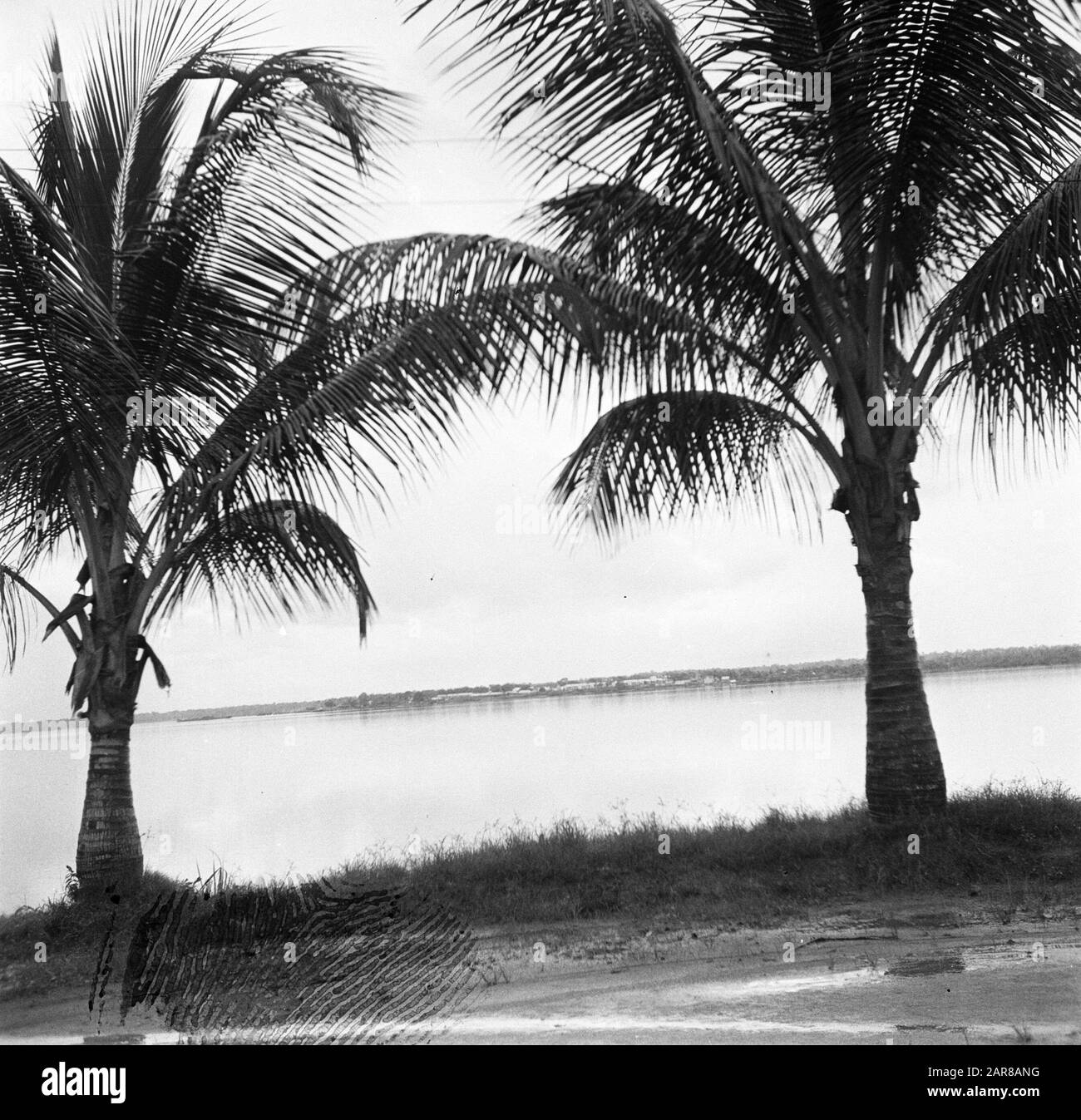 Viaggio in Suriname e Antille Olandesi Saint-Laurent-du-Maronie dall'altra parte del Marowiivier, visto da Albina Data: 1947 Località: Albina, Guiana Francese, Saint-Laurent-du-Maronie, Suriname Parole Chiave: Fiumi Foto Stock