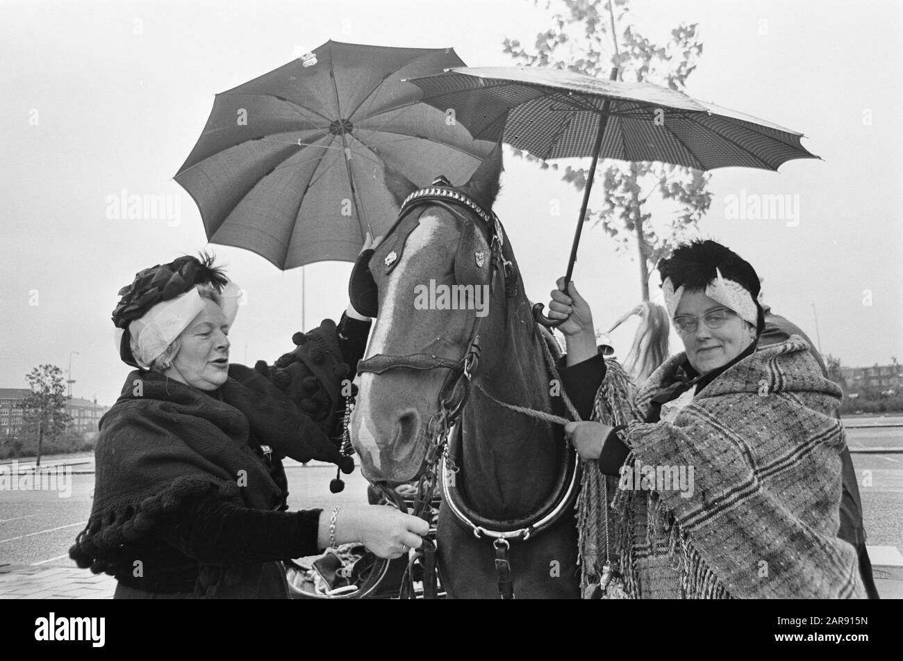 Celebrazione della Giornata Mondiale degli Animali presso l'Hilton Hotel di Amsterdam Due Signore da Alblasserdam proteggono i loro cavalli dalla pioggia Data: 4 ottobre 1966 posizione: Amsterdam, Noord-Holland Parole Chiave: Animali, animali, ecc. cavalli, pioggia Foto Stock