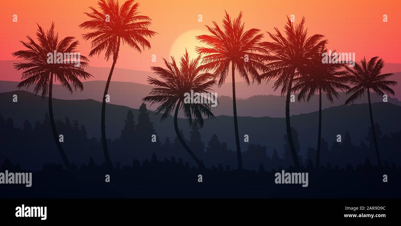 Naturale Coconut alberi montagne orizzonte colline silhouette di alberi e colline in serata Alba e tramonto paesaggio carta parati vettore illustrazione Illustrazione Vettoriale