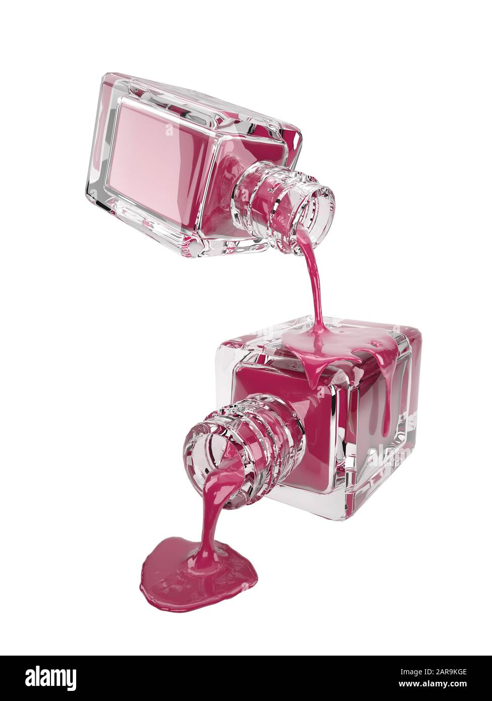 3d illustrazione della bottiglia di vetro per cosmetici con gocce rosa, isolata su bianco con set di percorsi di ritaglio Foto Stock