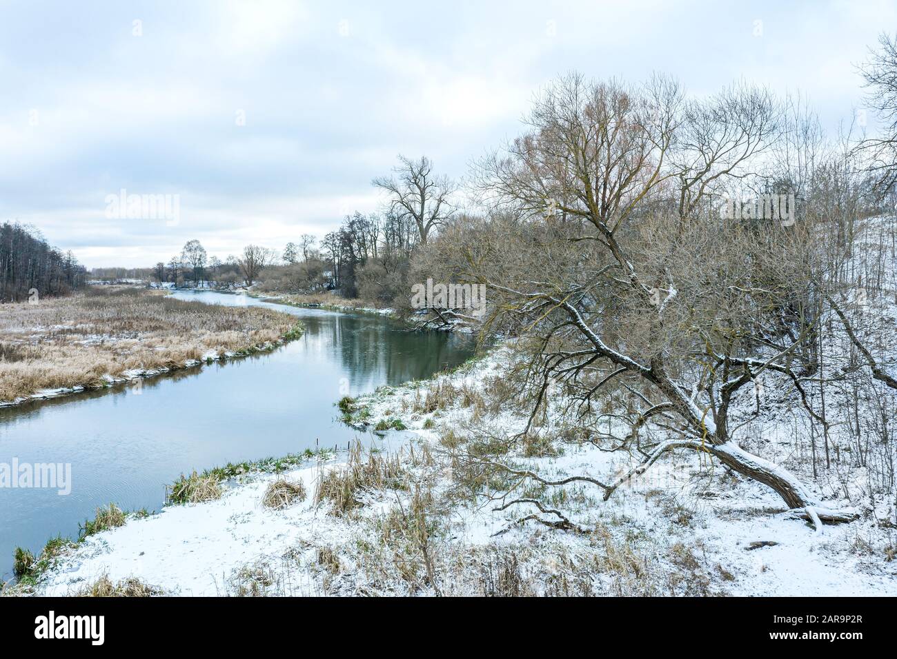 paesaggio invernale con piccolo fiume sotto cielo nuvoloso. alberi e riva del fiume coperta di neve Foto Stock