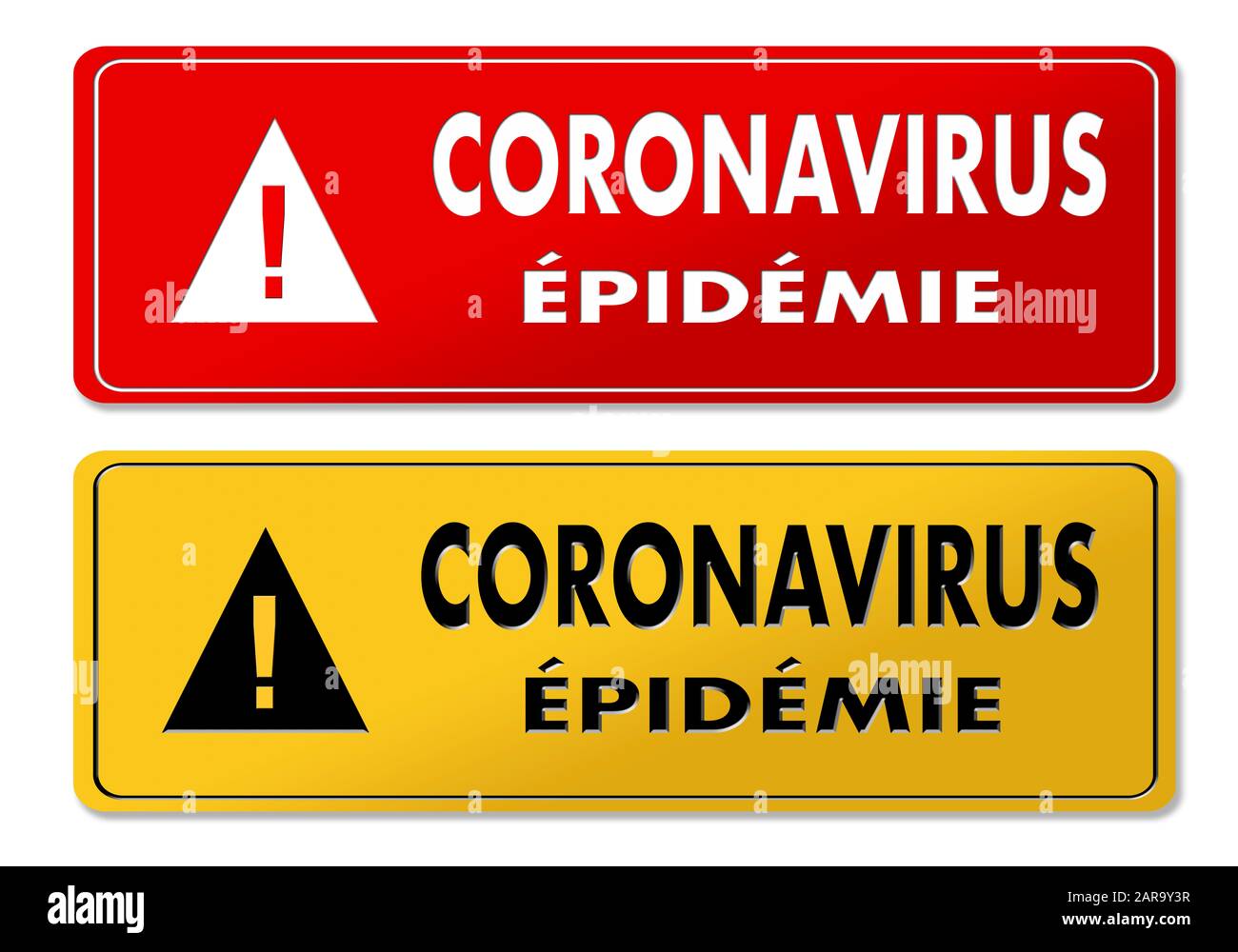 Pannelli di pericolo coronavirus in rosso e giallo e traduzione in francese Foto Stock