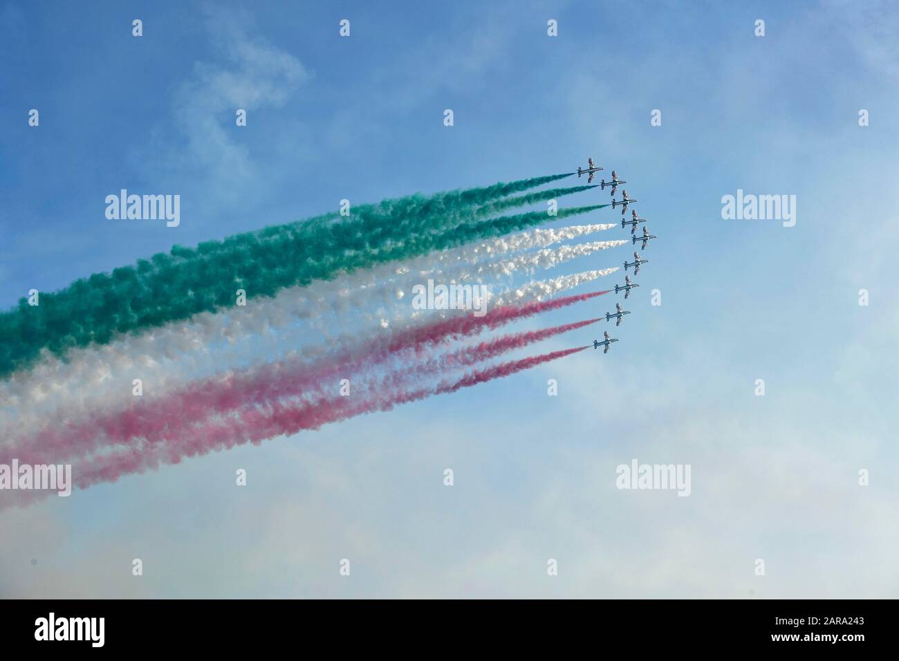 Nazionale Italiana di Acrobazia Squadron, Frecce Tricolori, Air Show 2019, Lignano Sabbiadoro, Lignano, Adria, Friuli Venezia Giulia, Italia Foto Stock