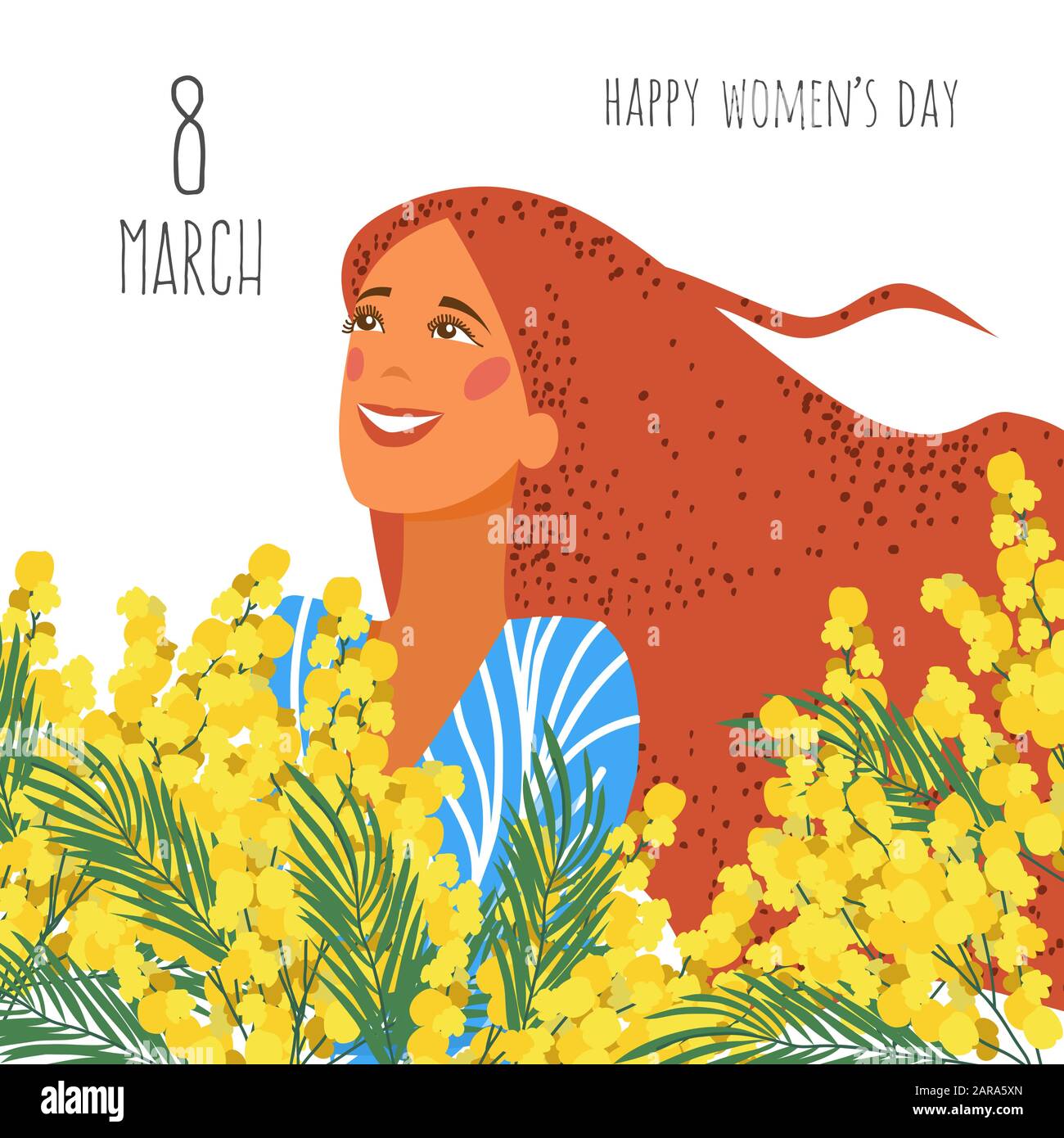 Buon giorno delle donne. Faccia gioiosa di una ragazza su uno sfondo di fiori mimosi. Illustrazione del vettore di disegno a mano piatta Illustrazione Vettoriale