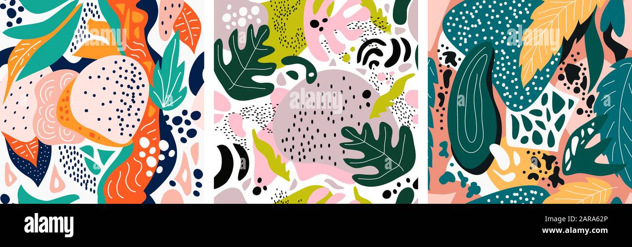 Set di modelli vettoriali moderni astratti senza giunture. Mano disegnato varie forme e doodle oggetti. Ornamenti orizzontali senza fine Illustrazione Vettoriale