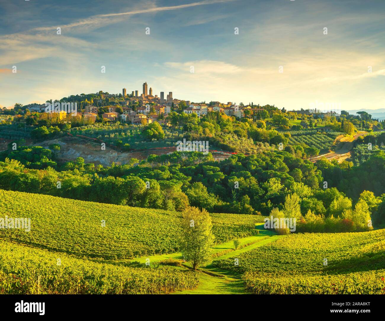 San Gimignano Medieval Town torri skyline e vigneti paesaggio di campagna panorama su sunrise. Toscana, Italia, Europa. Foto Stock