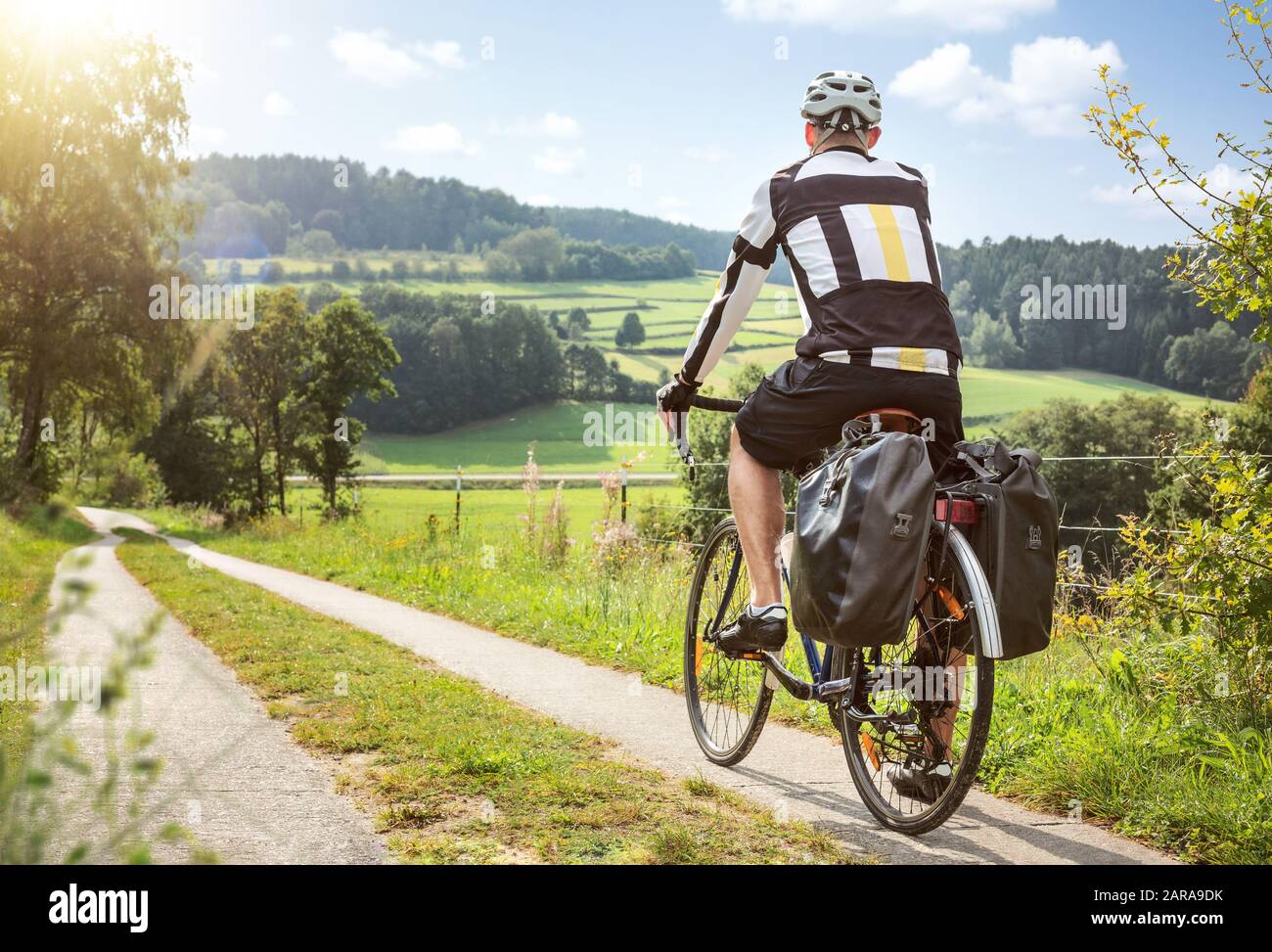 Ciclista su una bici da turismo in un paesaggio verde e soleggiato Foto Stock