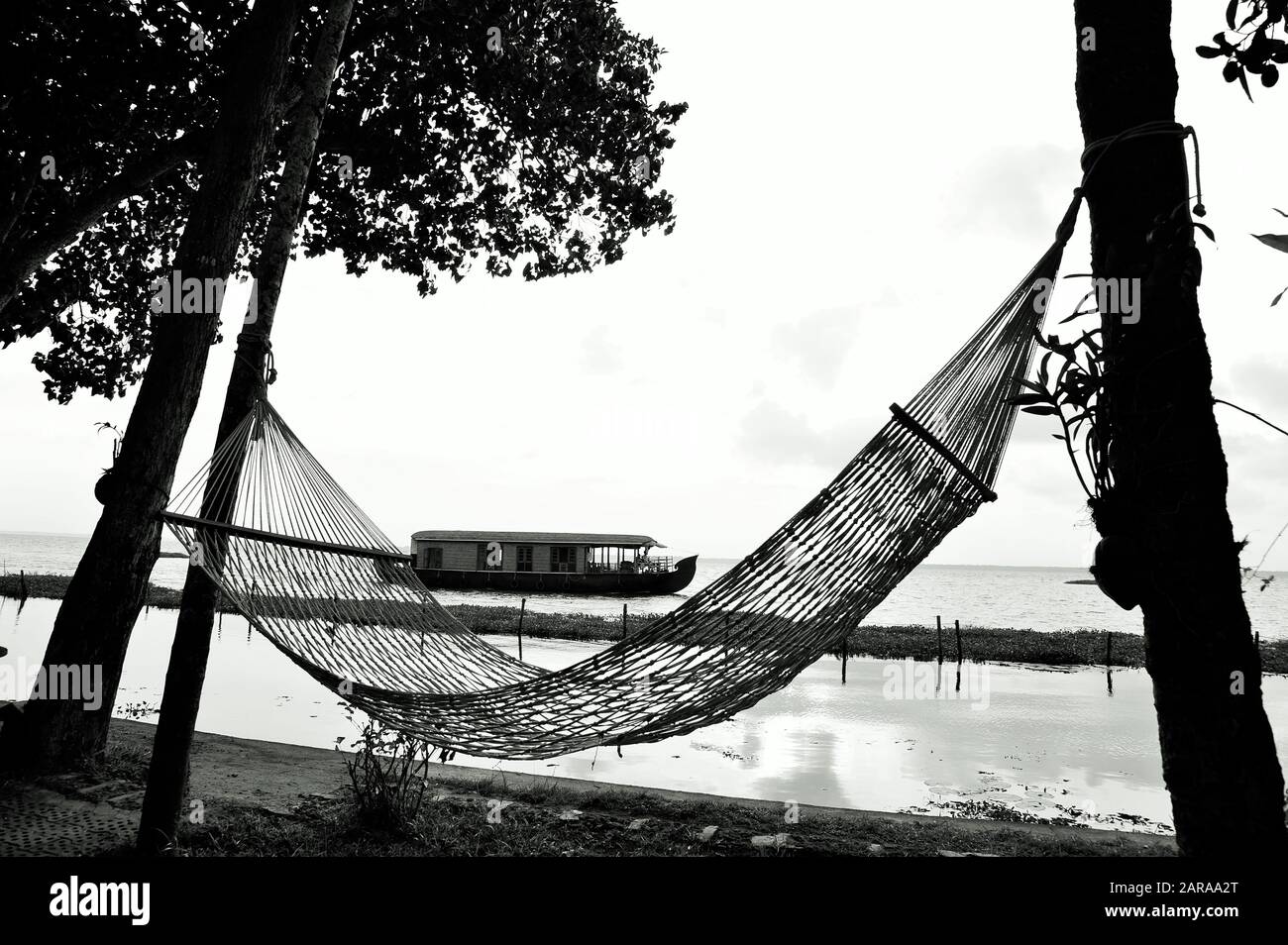Amaca tra due alberi, lago Vembanad, Kumarakom, Kottayam, Kerala, India, Asia Foto Stock