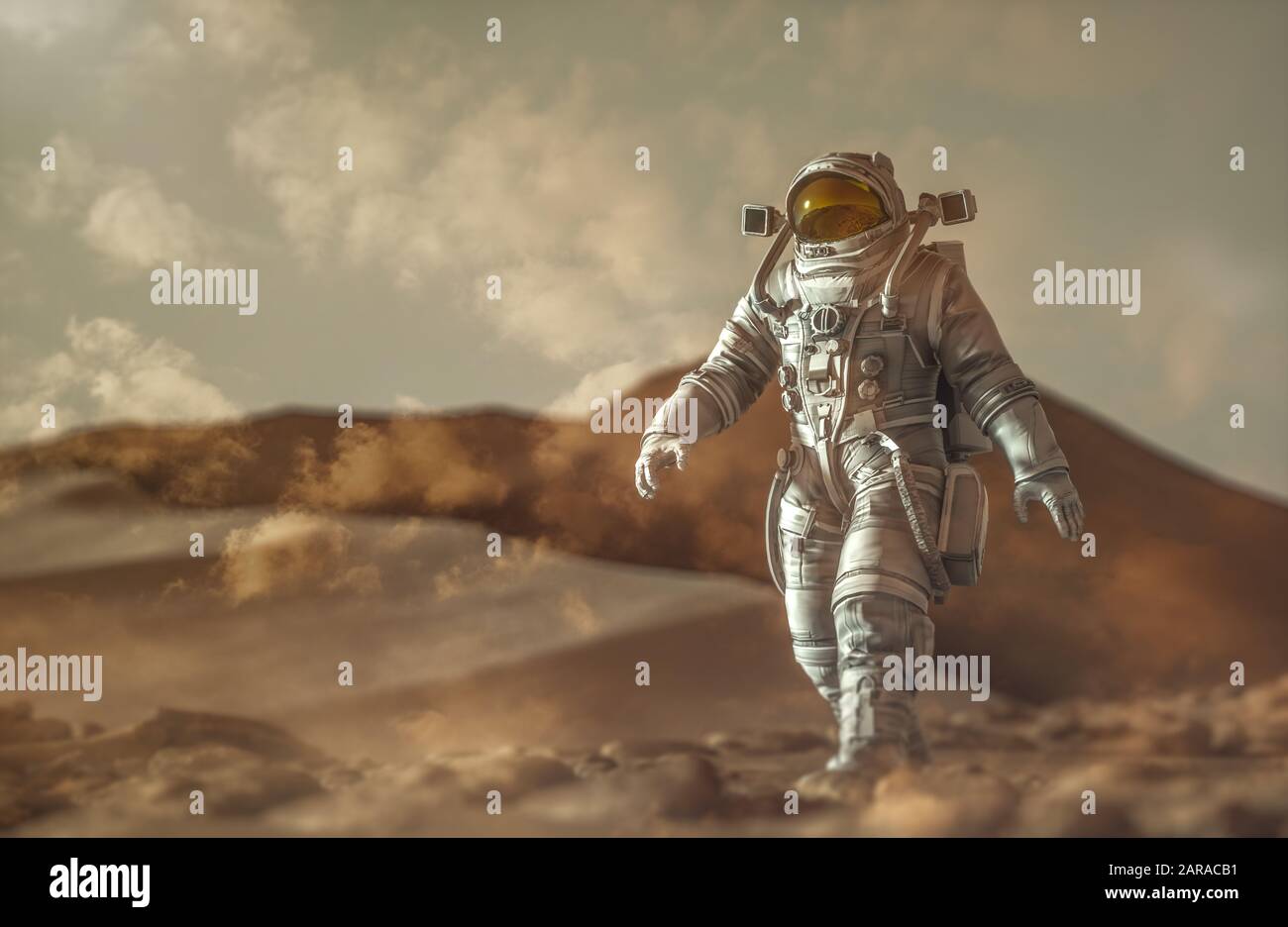 Astronauta coraggioso ha camminato con sicurezza sulla superficie di Marte - illustrazione 3D Foto Stock