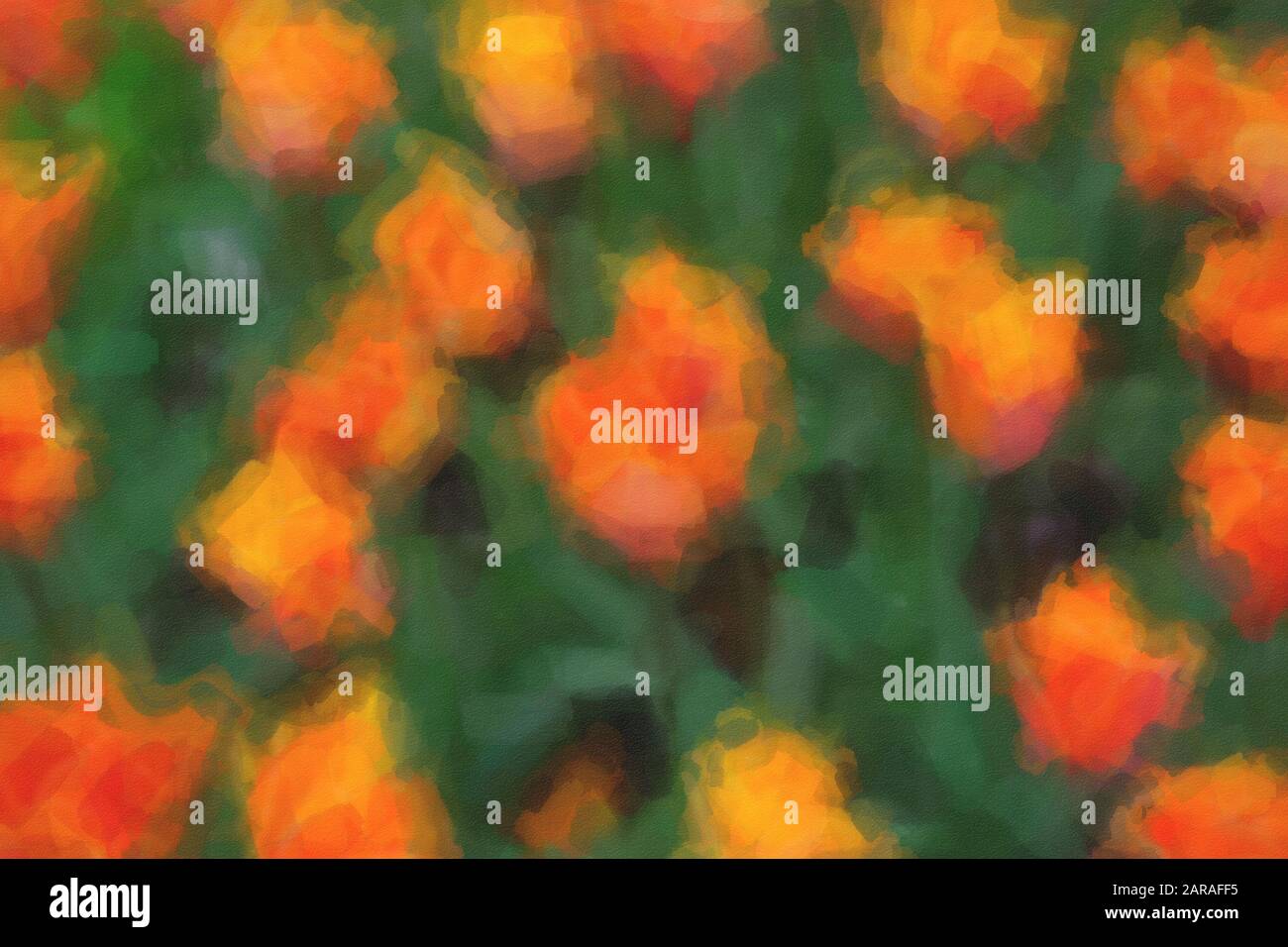 Watercolor backgound con fiori tulipani dipinti arancio in campo verde.carta da parati floreale decorativa edita in stile pittura.immagine Vibrante con e Foto Stock