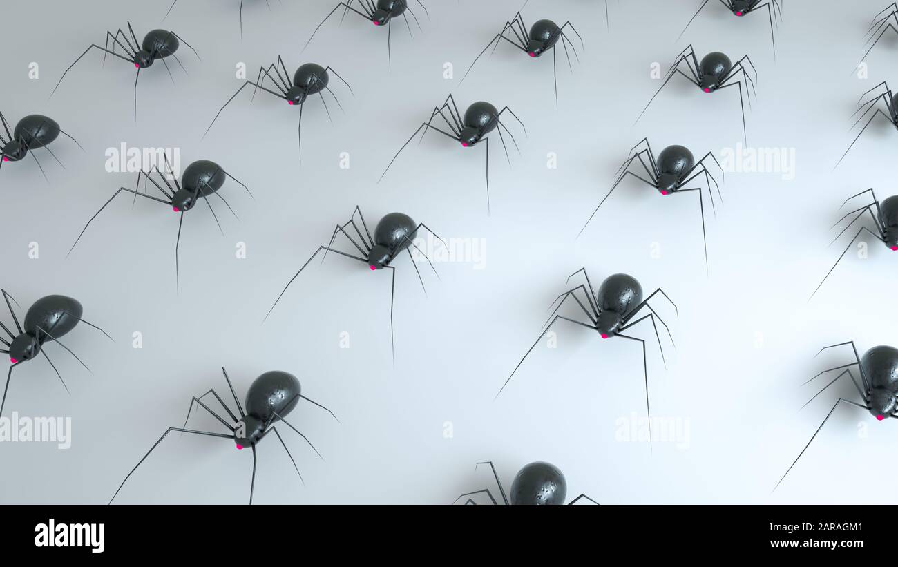 Acciaio nero dei ragni robot su sfondo bianco - illustrazione 3D (animale, Arachnid, Arachnofobia, sfondi, colore nero) Foto Stock