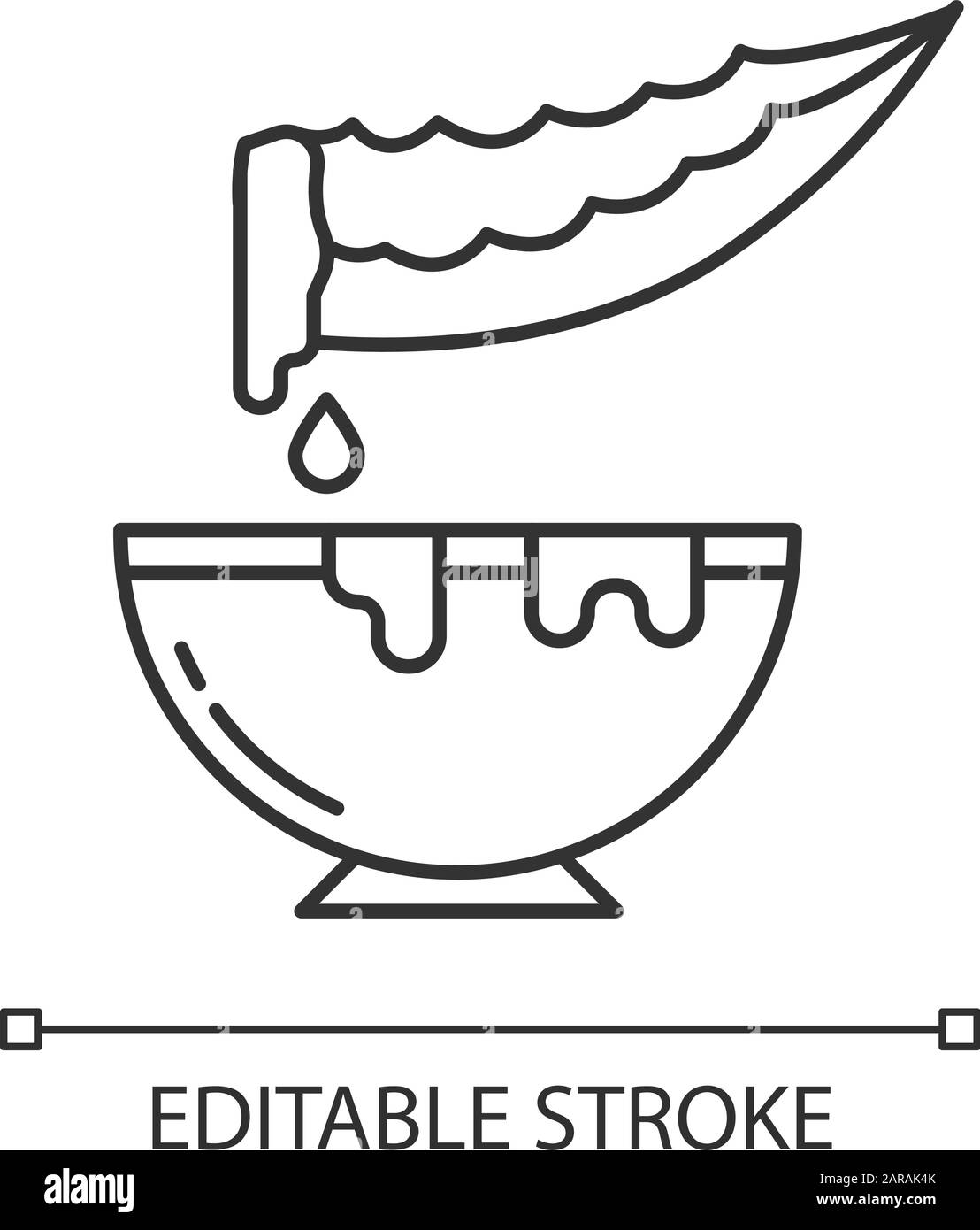 Icona lineare perfetta pixel estratto dallo stabilimento. Tagliare la spina alle erbe medicinali con la ciotola. Liquido organico di pianta. Illustrazione personalizzabile a linee sottili. Simbolo del contorno Illustrazione Vettoriale