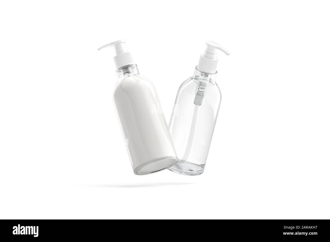 Bottiglia in vetro bianco con crema e acqua mockup, senza gravità Foto Stock